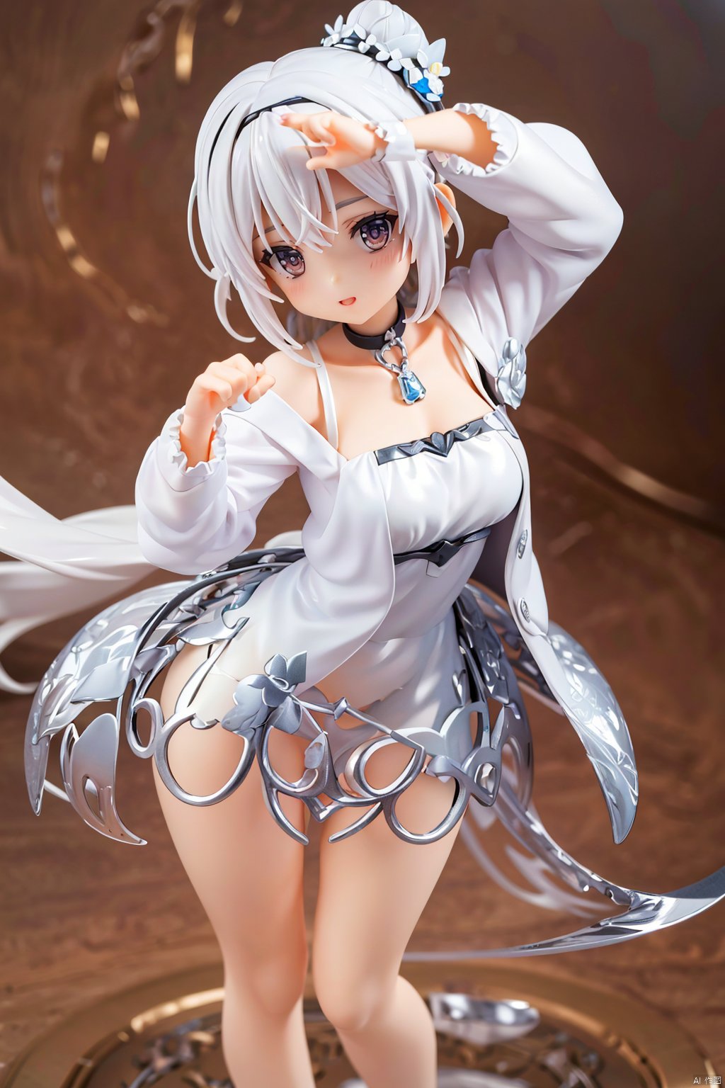 masterpiece,best quality,8K,HDR,RAW,1girl,((solo)),looking at viewer,gjbz, 3d stely,silver,white hair,short hair,hair ornament,dress,  ( figma:0.8)