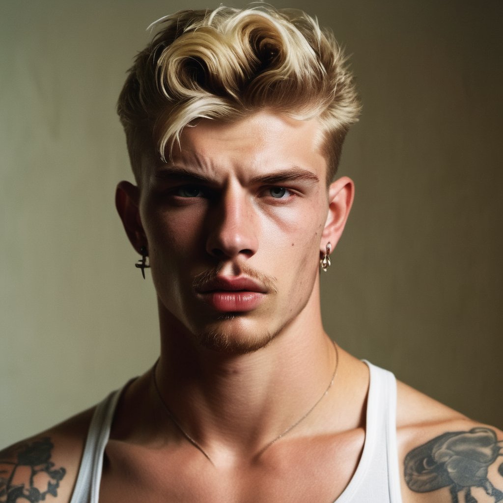 20 years old man, yokel, redneck, male model, fashion, handsome, blonde, caucasian, hillbilly, thug, tattooed, face tattoo, very hairy, skinny, thin, scruffy face, stubble, degenerate, Max Verstappen, model, GQ,

8k, 4k, cinematic lighting, very dramatic, very artistic, soft aesthetic, innocent, realistic, masterpiece, ((perfect anatomy): 1.5), best resolution, maximum quality, UHD, life with detail, analog, cinematic moviemaker style