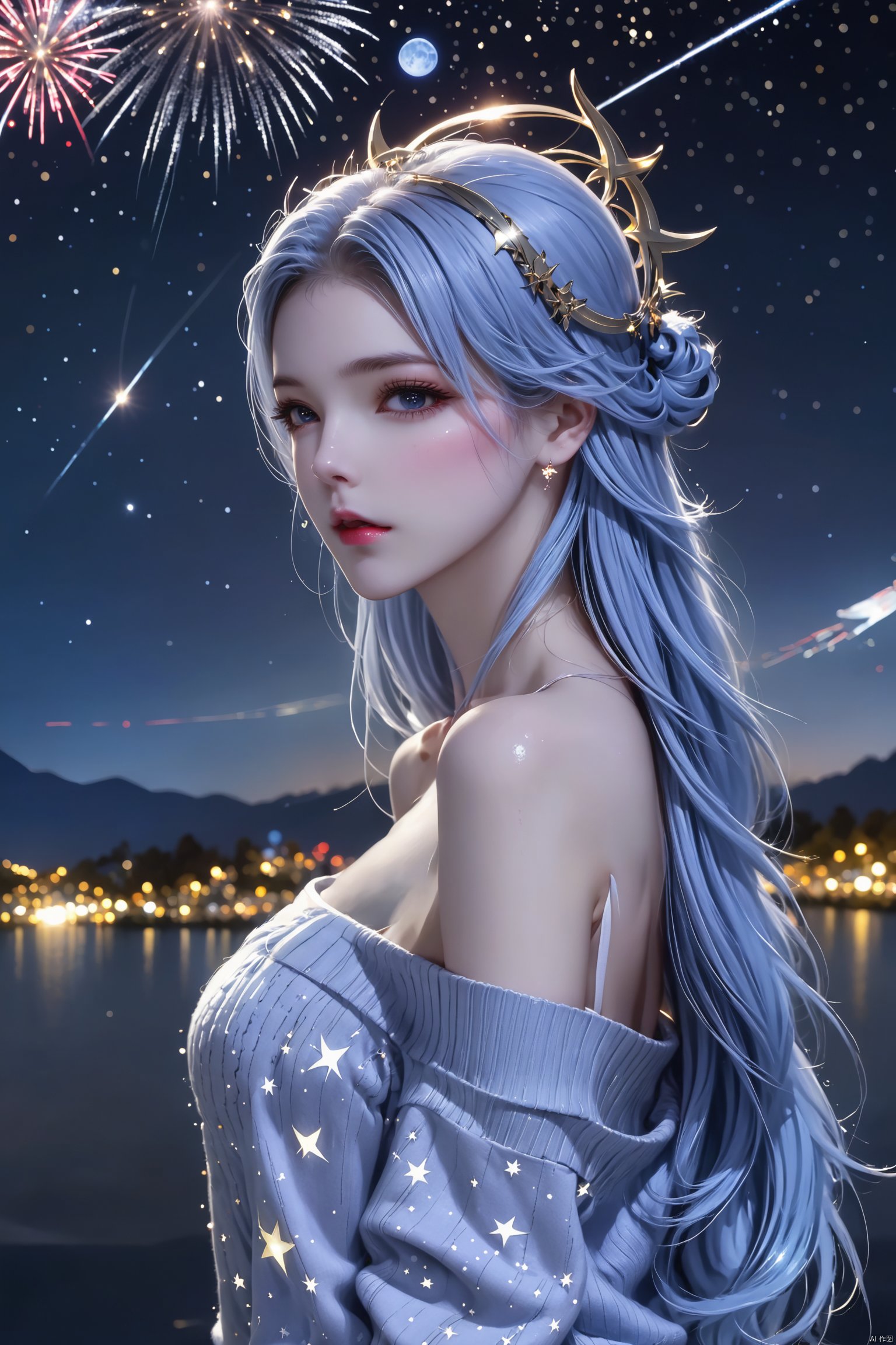 1girl -urora -bare shoulders -breasts -city lights -constellation -crescent moon -earth \(planet\) -fireworks -full moon -galaxy -light particles -long hair -milky way -moon -moonlight -night -night sky -off-shoulder sweater -off shoulder -planet -shooting star -sky -skyline -snowing -solo -space -space craft -star \(sky\) -star \(symbol\) -starry background -starry sky -starry sky print -sweater ,Posesse