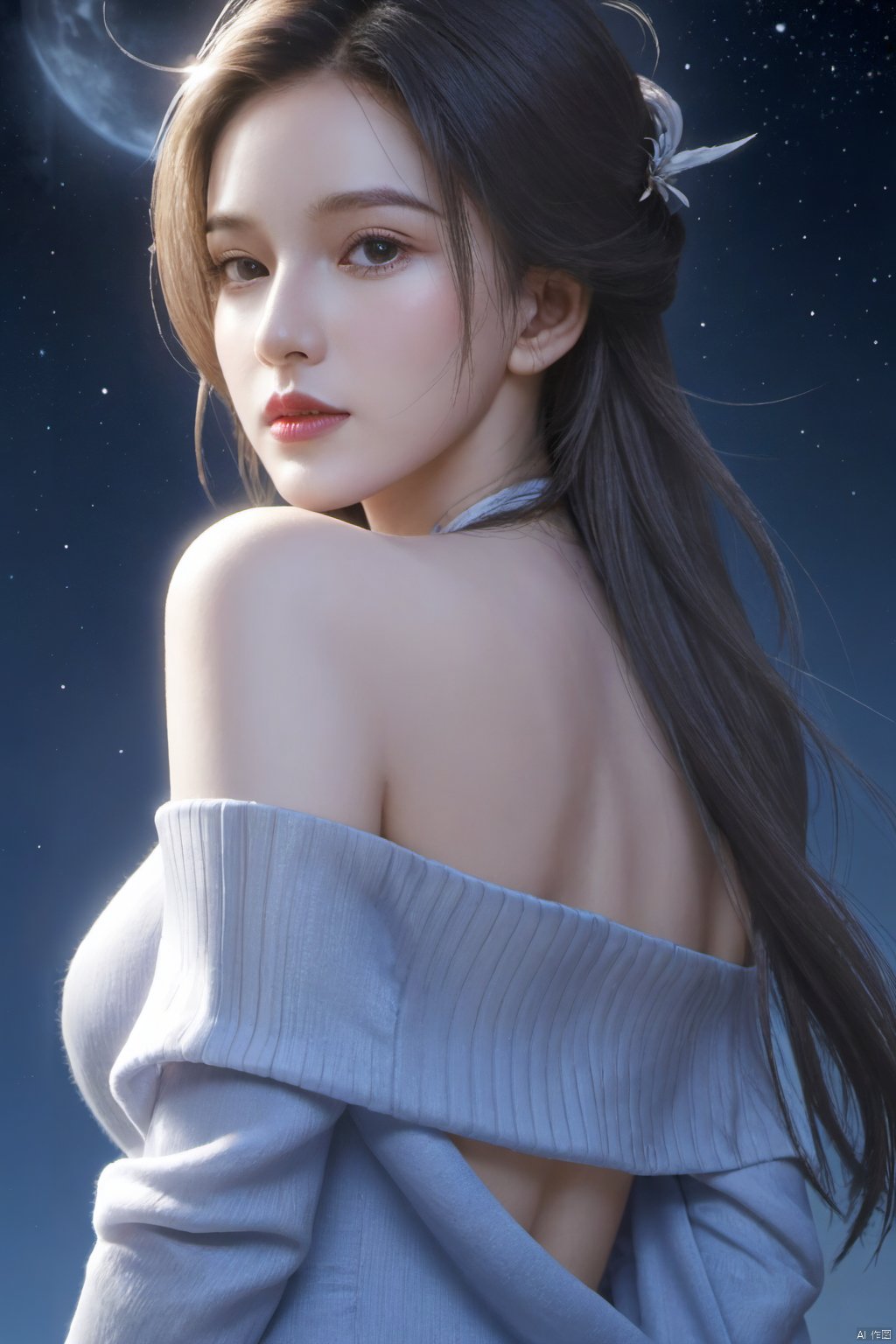 1girl
-urora
-bare shoulders
-breasts
-city lights
-constellation
-crescent moon
-earth \(planet\)
-fireworks
-full moon
-galaxy
-light particles
-long hair
-milky way
-moon
-moonlight
-night
-night sky
-off-shoulder sweater
-off shoulder
-planet
-shooting star
-sky
-skyline
-snowing
-solo
-space
-space craft
-star \(sky\)
-star \(symbol\)
-starry background
-starry sky
-starry sky print
-sweater
,Posesse