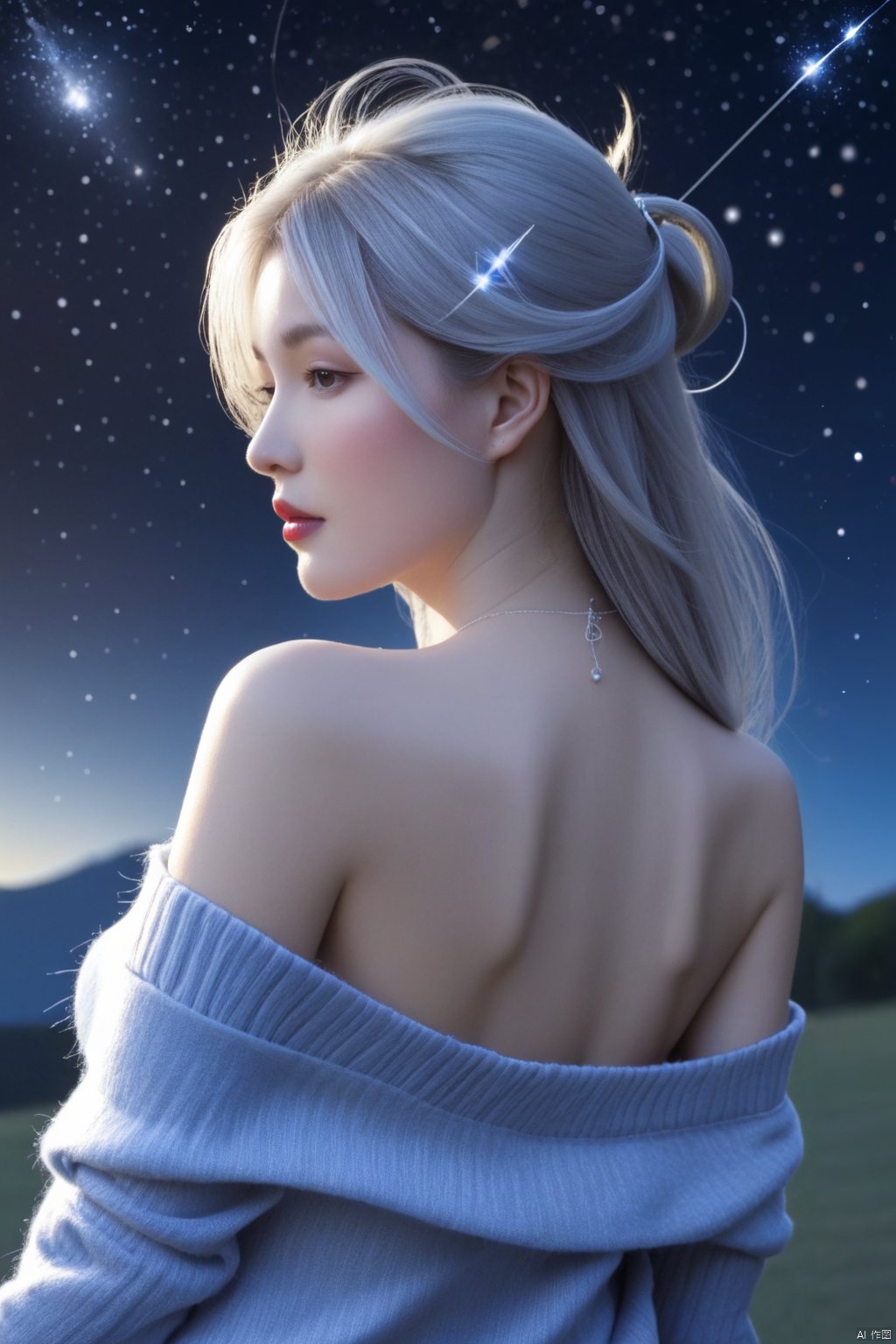 1girl
-urora
-bare shoulders
-breasts
-city lights
-constellation
-crescent moon
-earth \(planet\)
-fireworks
-full moon
-galaxy
-light particles
-long hair
-milky way
-moon
-moonlight
-night
-night sky
-off-shoulder sweater
-off shoulder
-planet
-shooting star
-sky
-skyline
-snowing
-solo
-space
-space craft
-star \(sky\)
-star \(symbol\)
-starry background
-starry sky
-starry sky print
-sweater
,Posesse