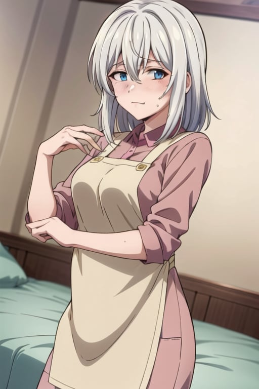 ine saitou, bangs, blue eyes, hair between eyes, white hair, grey hair, medium hair,shirt, apron, pink shirt,indoors, bed, bed room, on side, blush, drunk,looking at viewer, cowboy shot, dutch angle,