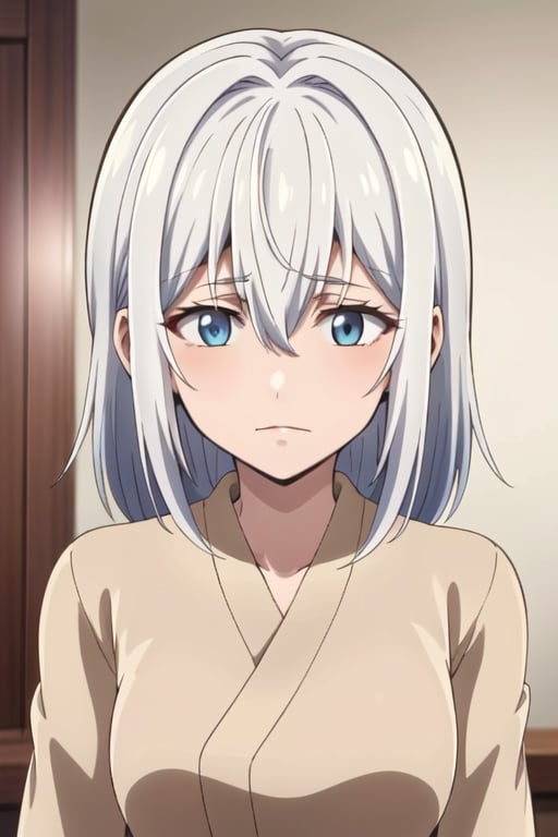 Ine saitou, bangs, blue eyes, hair between eyes, white hair, grey hair, medium hair,