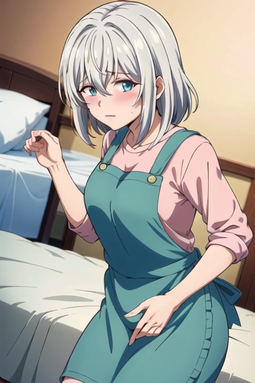 ine saitou, bangs, blue eyes, hair between eyes, white hair, grey hair, medium hair,shirt, apron, pink shirt,indoors, bed, bed room, on side, blush, drunk,looking at viewer, cowboy shot, dutch angle,