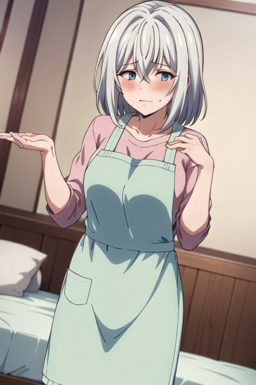 ine saitou, bangs, blue eyes, hair between eyes, white hair, grey hair, medium hair,shirt, apron, pink shirt,indoors, bed, bed room, on side, blush, drunk,looking at viewer, cowboy shot, dutch angle,