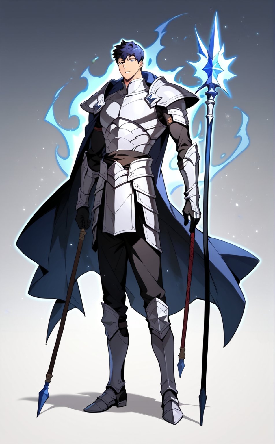 score_9, score_8_up, score_7_up, masterpiece, best quality, best aesthetic, 1boy, solo, solo male, full body,  male focus, dark blue hair, black eyes , seomoonyeob, armor, aura, polearm,score_6_up