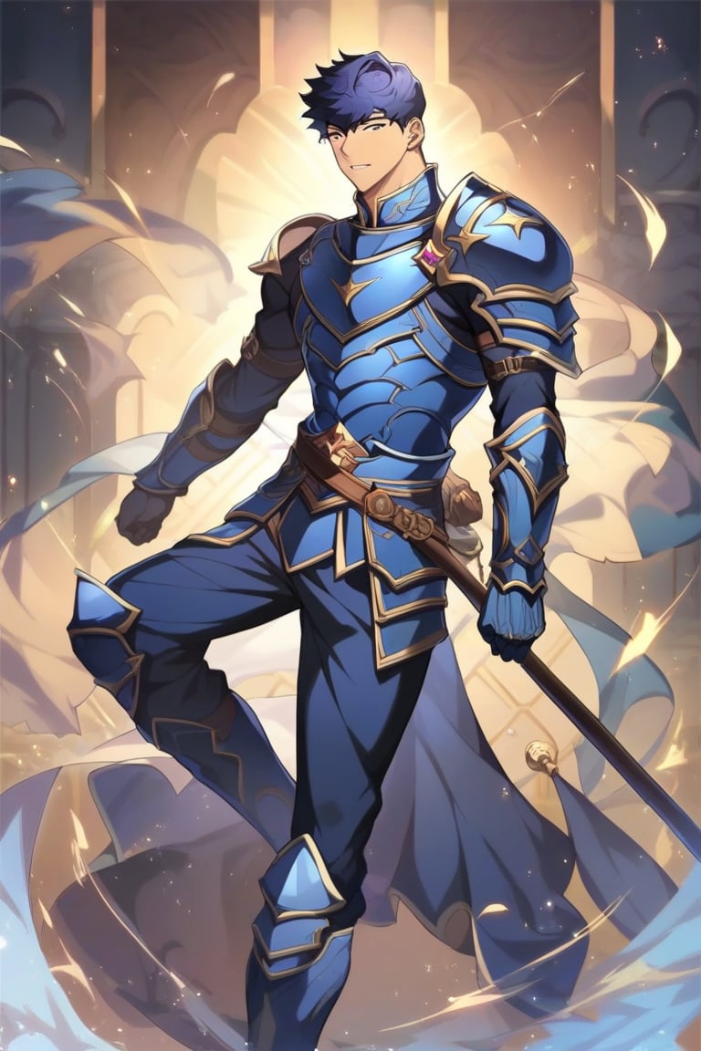 score_9, score_8_up, score_7_up, masterpiece, best quality, best aesthetic, 1boy, solo, solo male, full body,  male focus, dark blue hair, black eyes , seomoonyeob,  blue armor