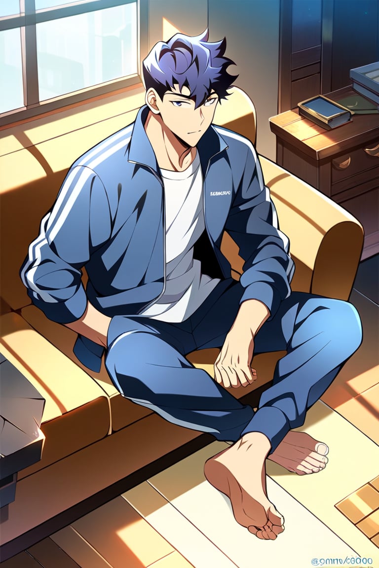 score_9, score_8_up, score_7_up, masterpiece, best quality, best aesthetic, 1boy, solo, solo male, full body,  male focus, dark blue hair, black eyes , seomoonyeob, tracksuit, on sofa, barefoot