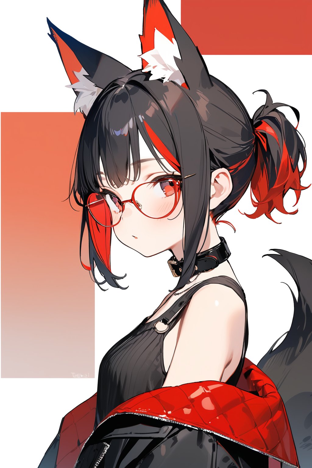 //quality, (masterpiece:1.4), (detailed), ((,best quality,)),//,1girl,solo,Tekeli,black fox ears,animal ear fluff,black fox tail,black hair,red inner hair,short ponytail,sidelocks,red eyes,red_glasses,fashion,cat_collar,blush,looking_at_viewer,from_side