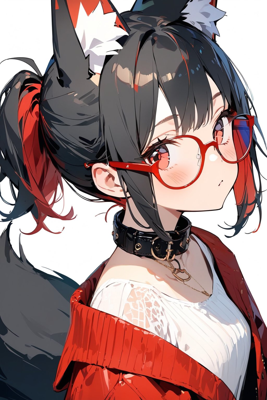 //quality, (masterpiece:1.4), (detailed), ((,best quality,)),//,1girl,solo,Tekeli,black fox ears,animal ear fluff,black fox tail,black hair,red inner hair,short ponytail,sidelocks,red eyes,red_glasses,fashion,cat_collar,blush,looking_at_viewer,from_side