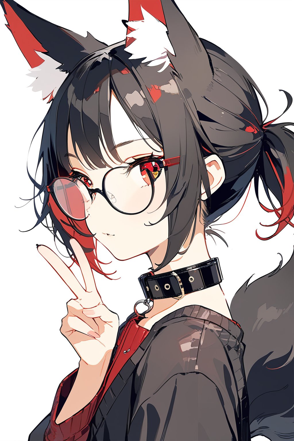 //quality, (masterpiece:1.4), (detailed), ((,best quality,)),//,1girl,solo,Tekeli,black fox ears,animal ear fluff,black fox tail,black hair,red inner hair,short ponytail,sidelocks,red eyes,red_glasses,fashion,cat_collar,blush,looking_at_viewer,from_side,(,v,v-sign:1.4)