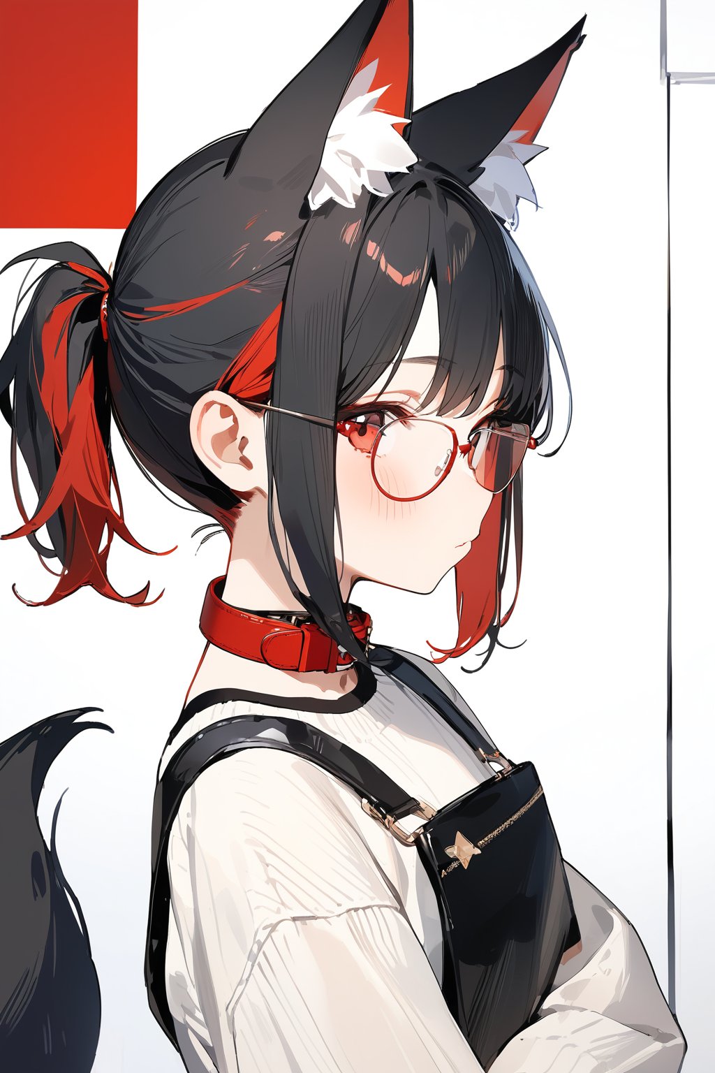 //quality, (masterpiece:1.4), (detailed), ((,best quality,)),//,1girl,solo,Tekeli,black fox ears,animal ear fluff,black fox tail,black hair,red inner hair,short ponytail,sidelocks,red eyes,red_glasses,fashion,cat_collar,blush,looking_at_viewer,from_side