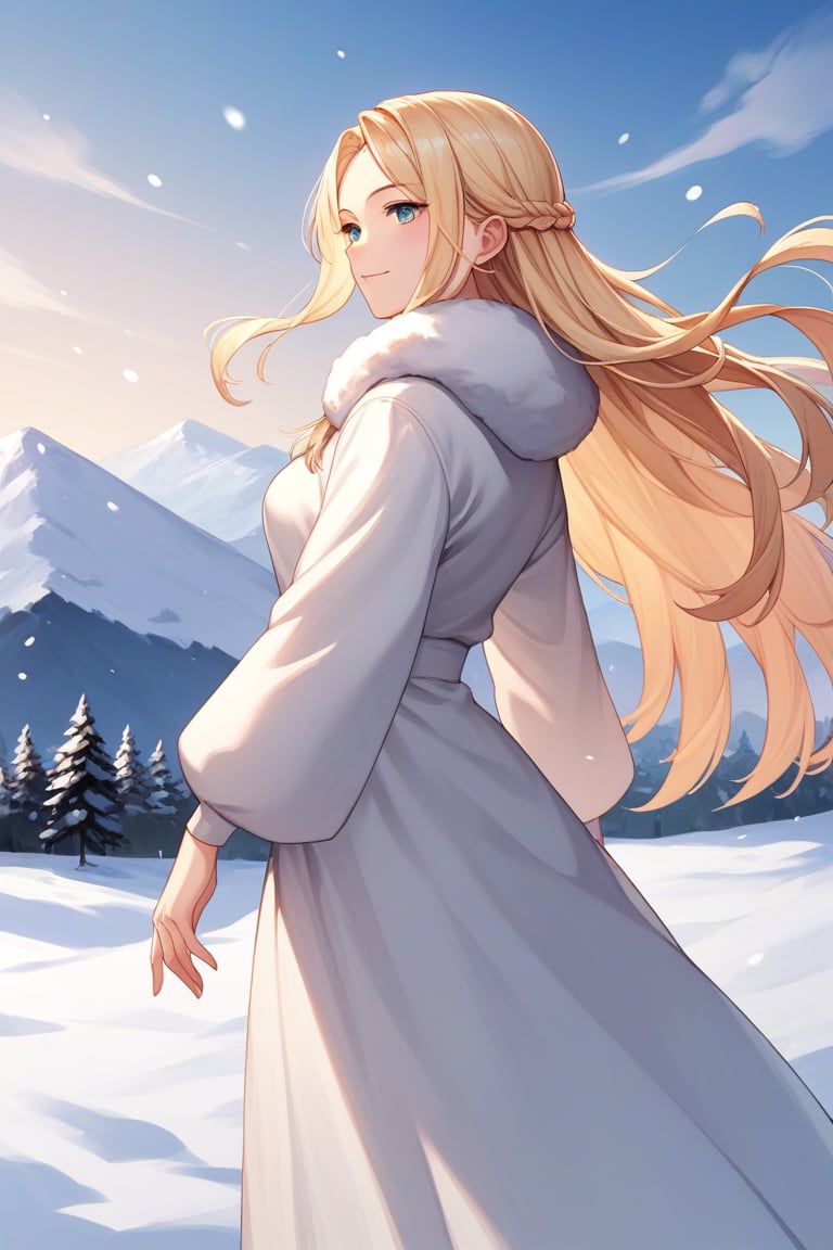 score_9, score_8_up, score_7_up, score_6_up, score_5_up, score_4_up, BREAK source_anime, Beautiful blonde woman standing in the snowy mountains with colorful