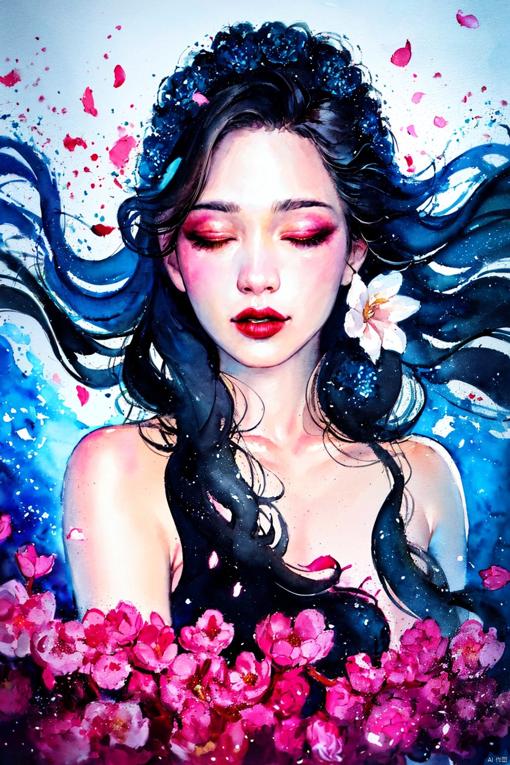 Watercolor, Watercolor painting, Color ink painting, Hand-drawn, Splash ink, Color ink, Rich in color, Pigment spraying, 1girl, solo, long hair, black hair, closed eyes, upper body, flower, lips, petals, makeup, floating hair, traditional media, lipstick, painting \(medium\), watercolor \(medium\)