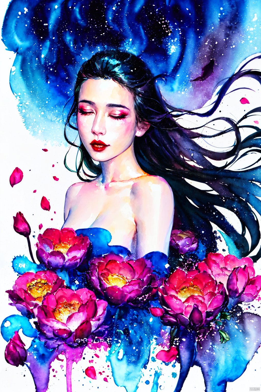 Watercolor, Watercolor painting, Color ink painting, Hand-drawn, Splash ink, Color ink, Rich in color, Pigment spraying, 1girl, solo, long hair, black hair, closed eyes, upper body, flower, lips, petals, makeup, floating hair, traditional media, lipstick, painting \(medium\), watercolor \(medium\)