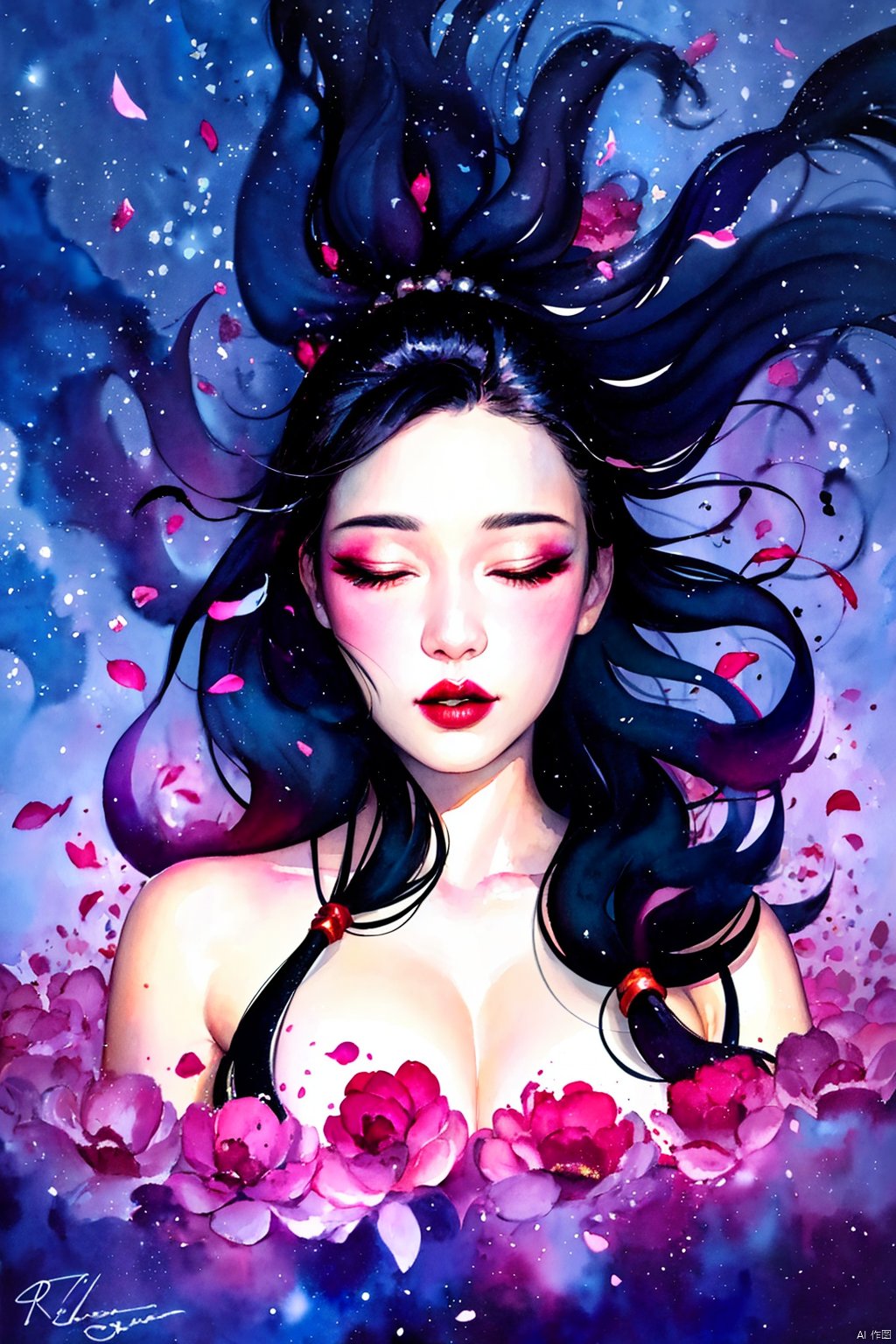 Watercolor, Watercolor painting, Color ink painting, Hand-drawn, Splash ink, Color ink, Rich in color, Pigment spraying, 1girl, solo, long hair, black hair, closed eyes, upper body, flower, lips, petals, makeup, floating hair, traditional media, lipstick, painting \(medium\), watercolor \(medium\)