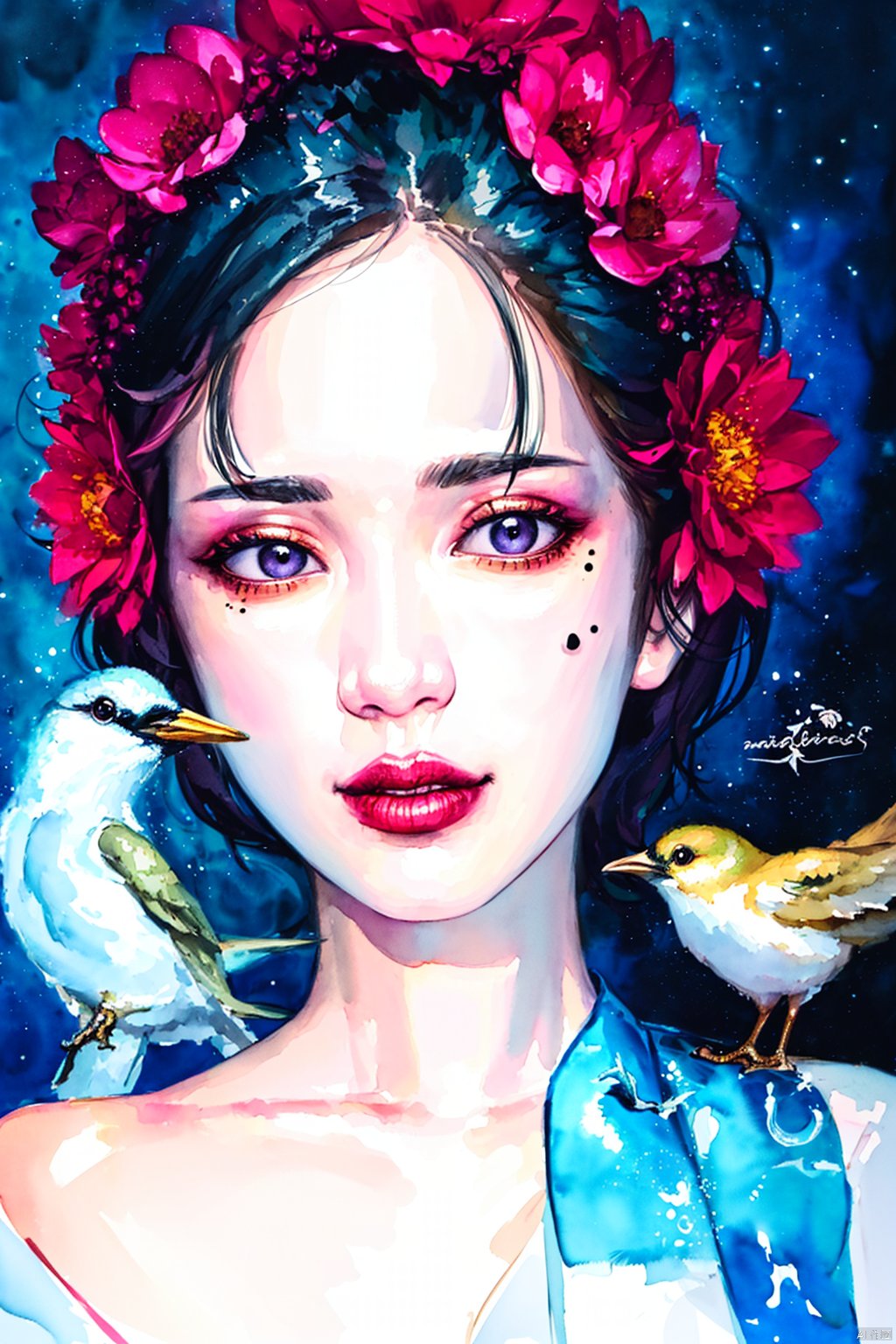 Watercolor, Watercolor painting, Color ink painting, Hand-drawn, Splash ink, Color ink, Rich in color, Pigment spraying, 1girl, solo, looking at viewer, black hair, hair ornament, flower, hair flower, mole, lips, makeup, bird, traditional media, lipstick, portrait, painting \(medium\)