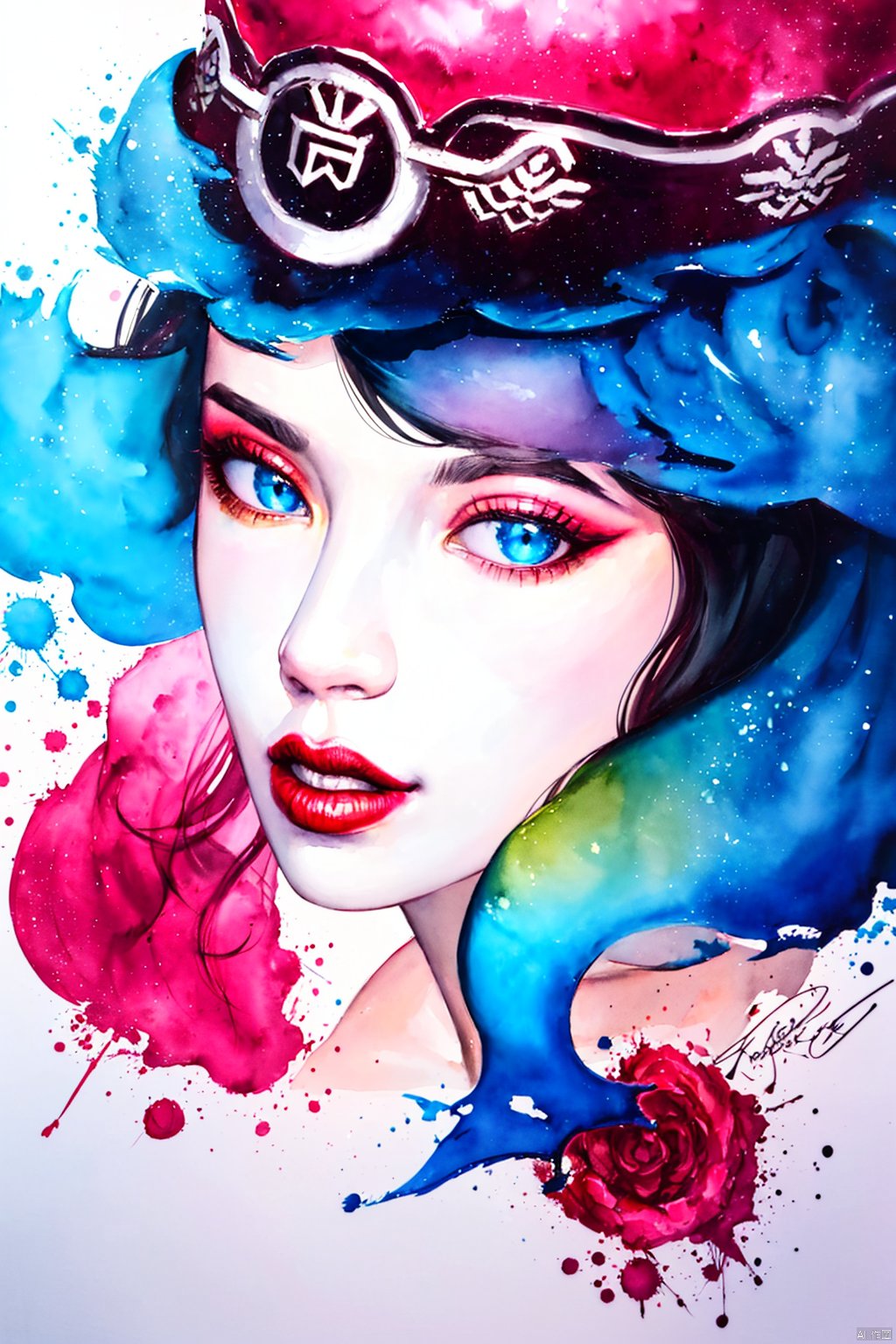 Watercolor, Watercolor painting, Color ink painting, Hand-drawn, Splash ink, Color ink, Rich in color, Pigment spraying, 1girl, solo, looking at viewer, blue eyes, hat, pink hair, parted lips, artist name, makeup, watermark, traditional media, lipstick, portrait, red lips, painting \(medium\), watercolor \(medium\)