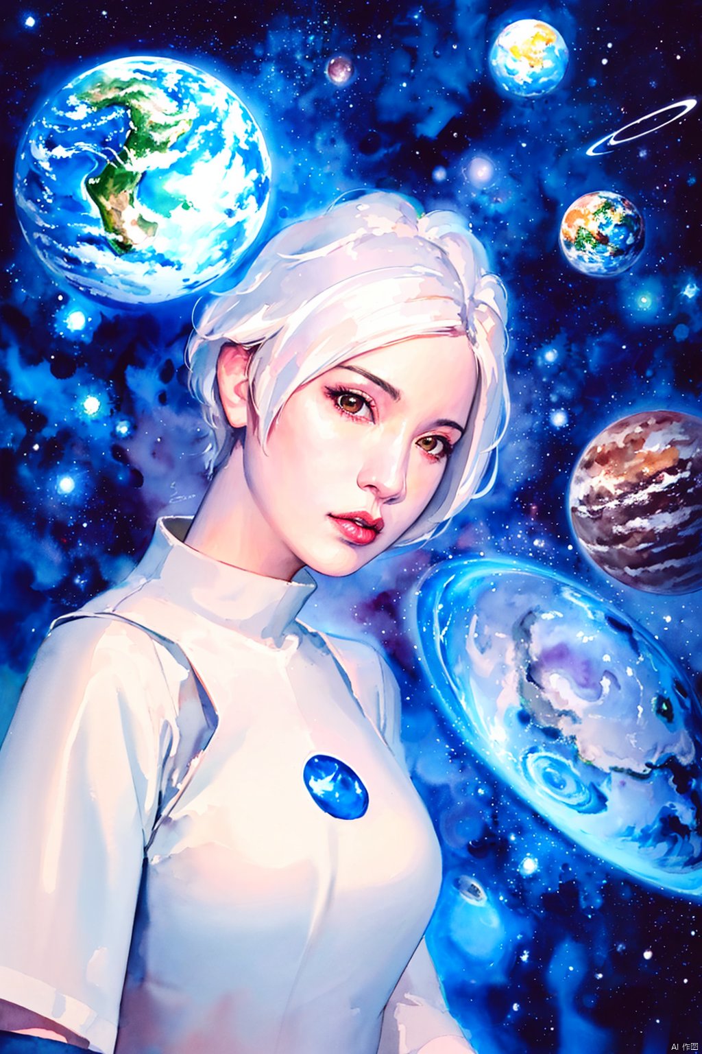 Watercolor, Watercolor painting, Color ink painting, Hand-drawn, Splash ink, Color ink, Rich in color, Pigment spraying, 1girl, solo, looking at viewer, short hair, brown eyes, upper body, white hair, parted lips, lips, traditional media, space, planet, earth \(planet\)