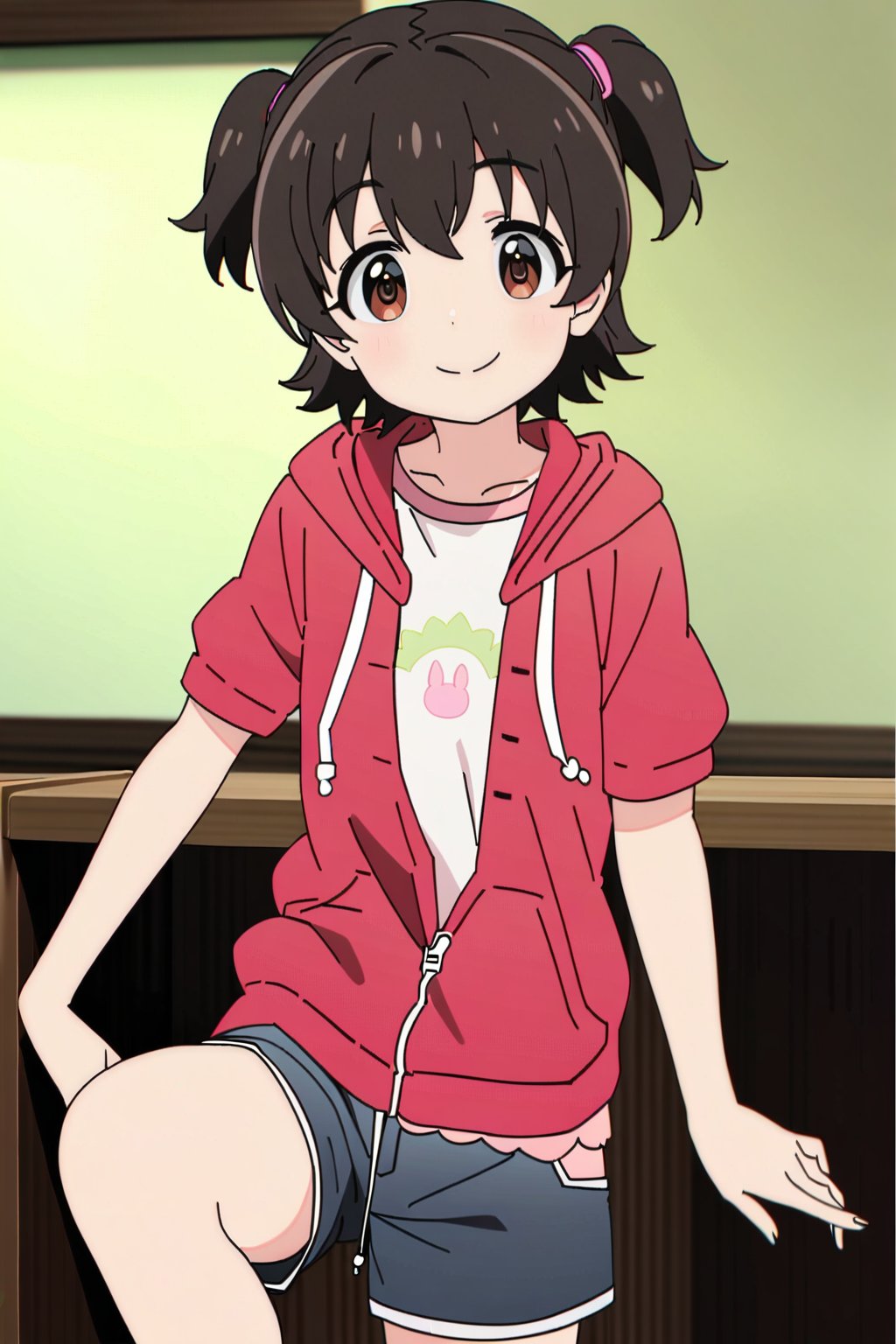 (masterpiece, high quality, better lighting, absurdres, best quality, illustration, ultra-detailed)), 
(cute, kawaii), ((1girl, solo)), smile, closed mouth,

akgmiria_AA,akagi miria, brown eyes, two side up, short hair, black hair, red hoodie,hooded jacket , shorts, open jacket,
 looking at viewer,