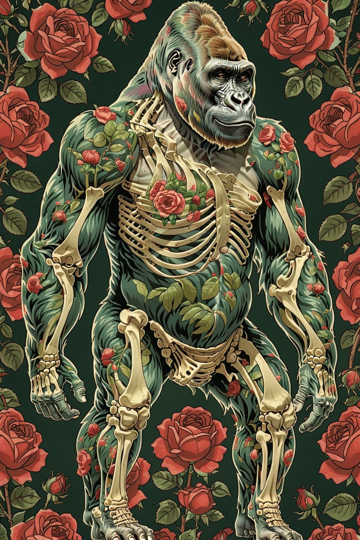 A detailed illustration of a gorilla, with its muscular anatomy visible and contrasted against a background of vibrant red roses and green leaves. The gorilla's skeletal structure is also depicted, revealing its ribcage, spine, and limbs. The overall composition is intricate, blending the natural beauty of the gorilla with the delicate details of the floral background.