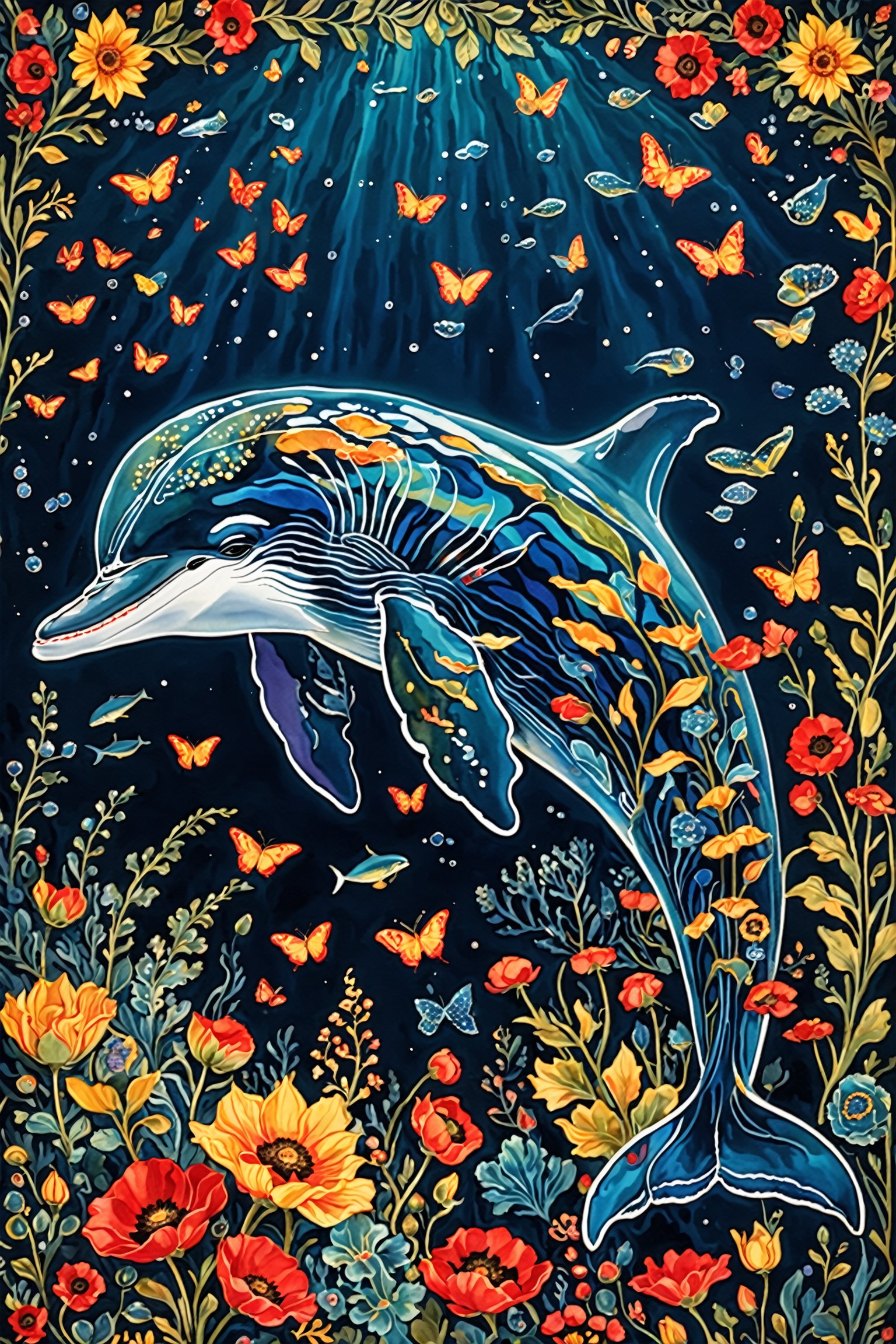 In a serene underwater realm, a majestic whale swims amidst a tapestry of verdant seaweed and vibrant flora. Its body shines with intricate patterns: delicate florals, twinkling stars, and whimsical designs. A kaleidoscope of flowers - red poppies, yellow sunflowers, and blue delphiniums - dance around the whale, accompanied by butterflies and schools of iridescent fish. The dreamy ambiance is set against a deep blue backdrop, with soft ripples in the water creating a sense of tranquility.