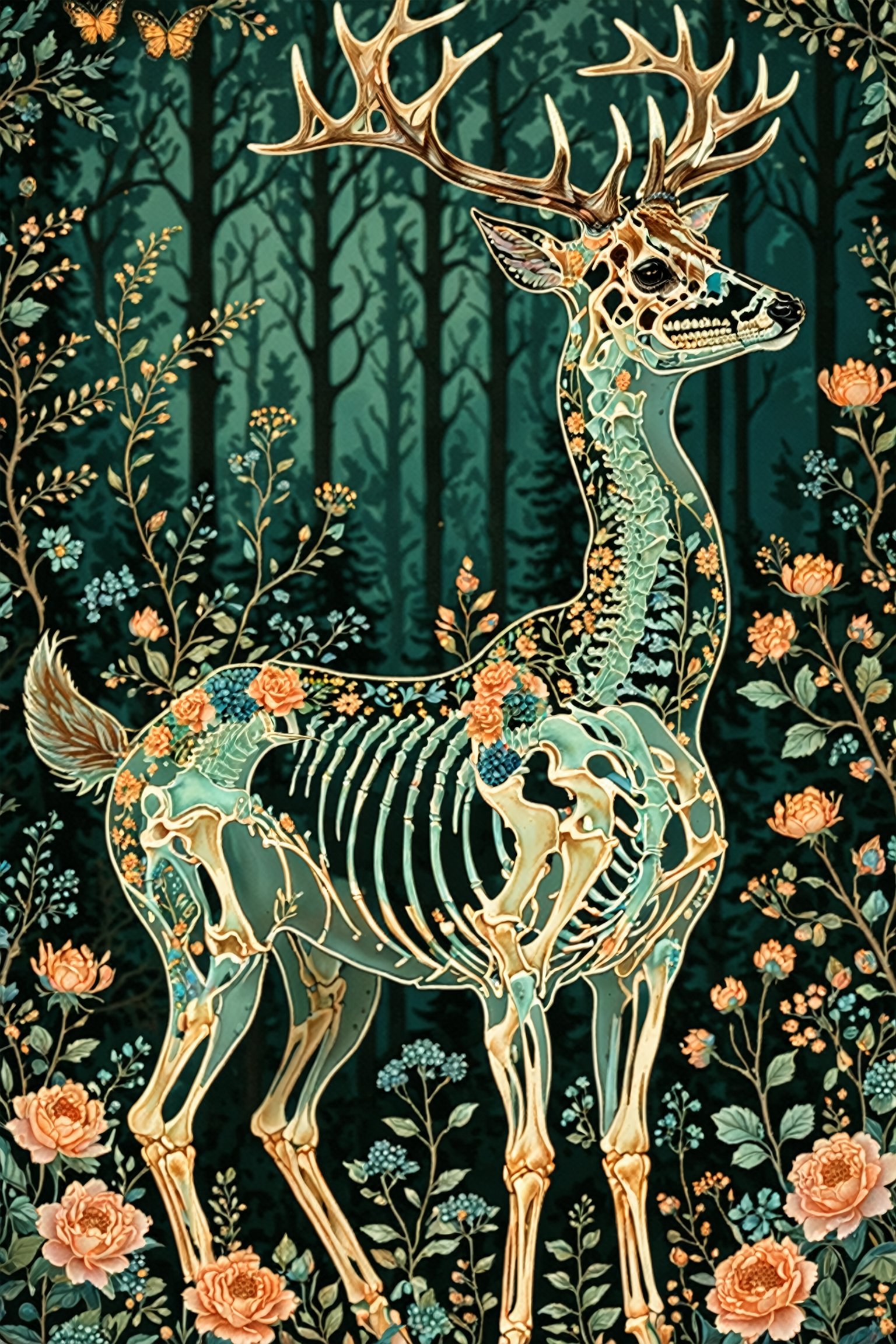 A majestic deer with intricate blue floral patterns adorning its skeletal structure. The deer stands amidst a serene forest backdrop, surrounded by various trees, flowers, and butterflies. The color palette is dominated by soft pastels, with the deer's skeleton being the most prominent feature, contrasting beautifully with the floral elements.