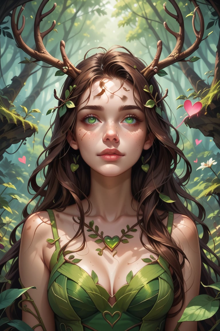 score_9, score_8_up, score_7_up, 1 girl, long hair, brown hair, tilted angle, hearts, female focus, antlers, dryad, nature,  concept art, green eyes   , expressiveH 