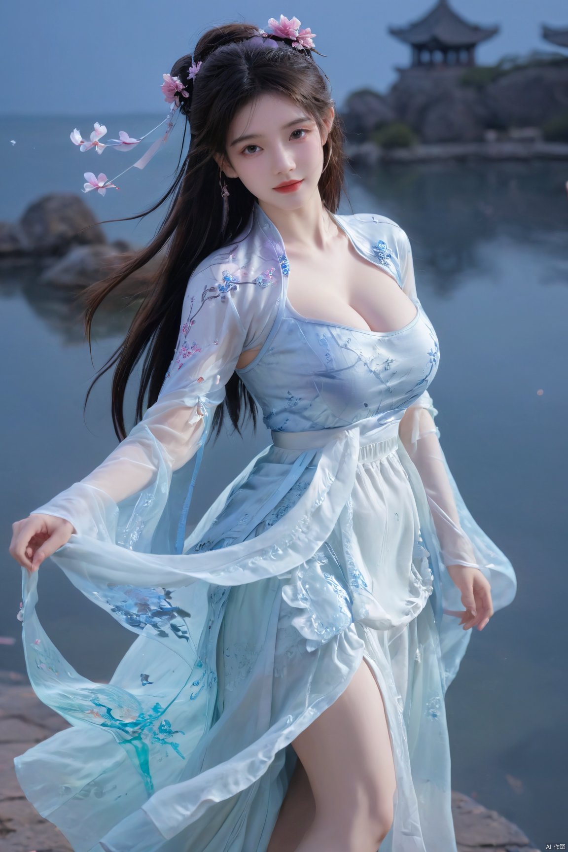  best quality, masterpiece, cowboy_shot,(Good structure),Depth of field,kind smile,looking_at_viewer,Dynamic pose, 
 Surrealism Dream Style,glowing neon color,RAW photo,at night,1girl,solo,sea,black hair,ponytail,looking at viewer,long hair,up,lips,sash,water splaashing,hair ornament,realistic,wide sleeves,hanfu,long dress,Semi transparent gauze skirt,surrealist,Best quality,masterpiece,ultra high res,Petal skirt,wind,flowers,bloom,Clouds,smoke,neon lights, 1 girl,(huge breasts:1.89), Xcheongsam, Yunxiao_xianzi,medusa,Xtianxiwei, traditional chinese ink painting