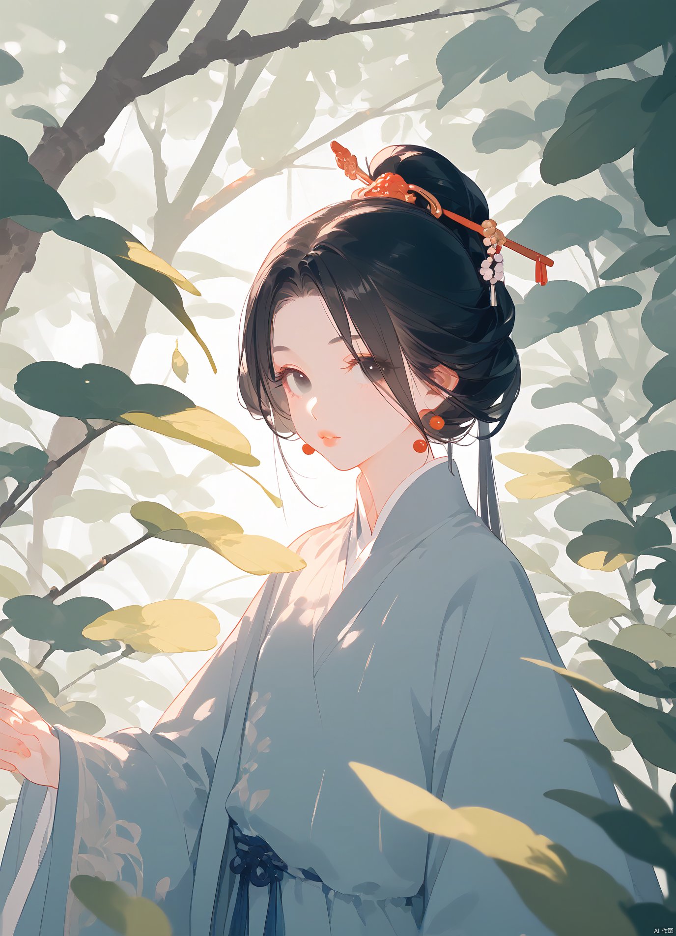 score_9, score_8_up, score_7_up, 1girl,A beautiful Chinese girl with long black hair,stands on the forest path,with bamboo leaves around it. She has exquisite facial features,clear eyes,big wavy lips,light makeup,and a gray color scheme in the style of high-end photography. The photo shows her full body in high definition and high resolution,BUAICHIYU,