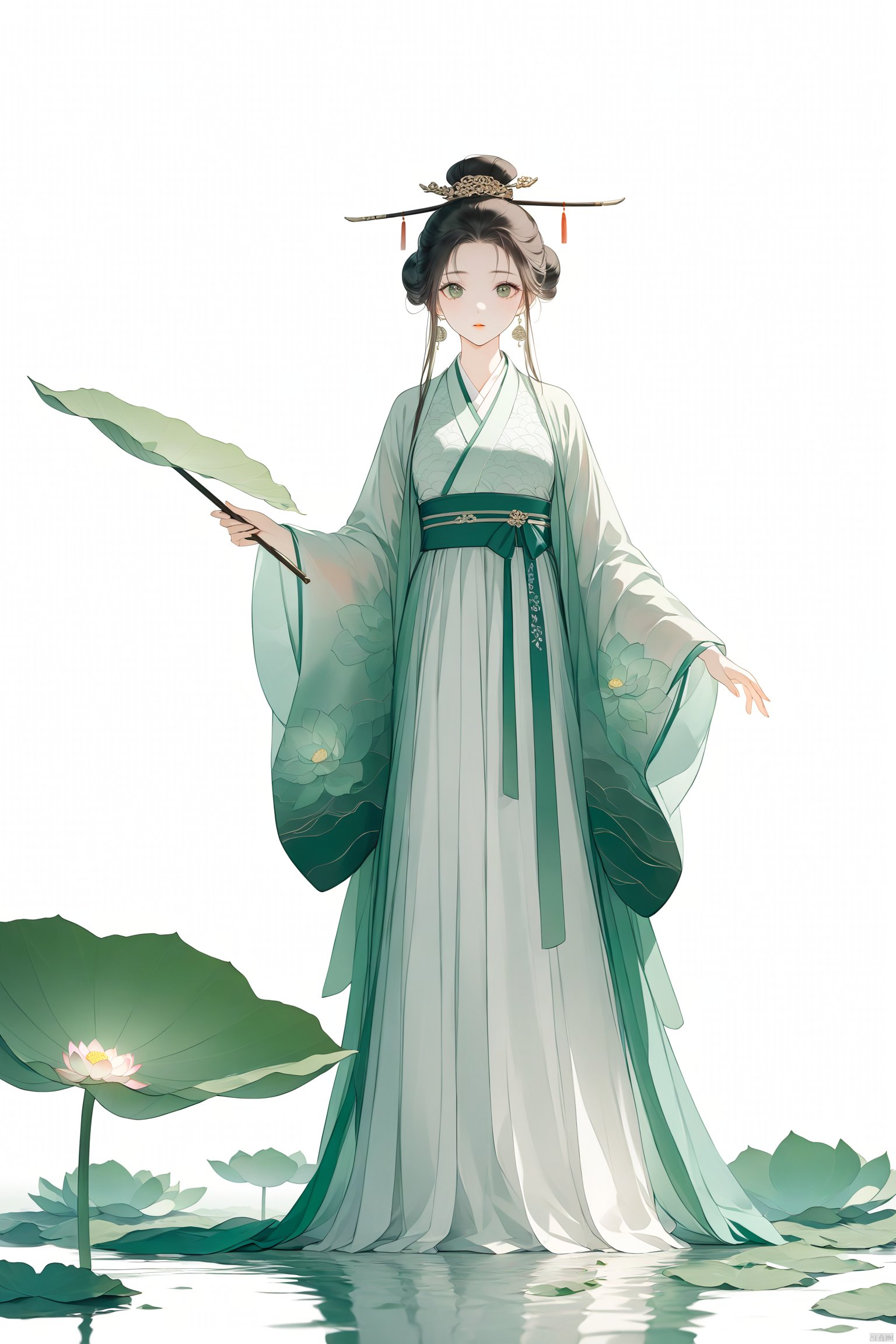  (score_9_up,score_8_up),Ancient Chinese Beauty,wearing Hanfu,standing by one enormous lotus leave with intricate patterns,median transparent/translucent lotus leave,soft glow,in the style of Albert Watson,minimalism,light emerald and white,simple white background,surrealist,feminine sensibilities,sunlight,monkren,graphic,