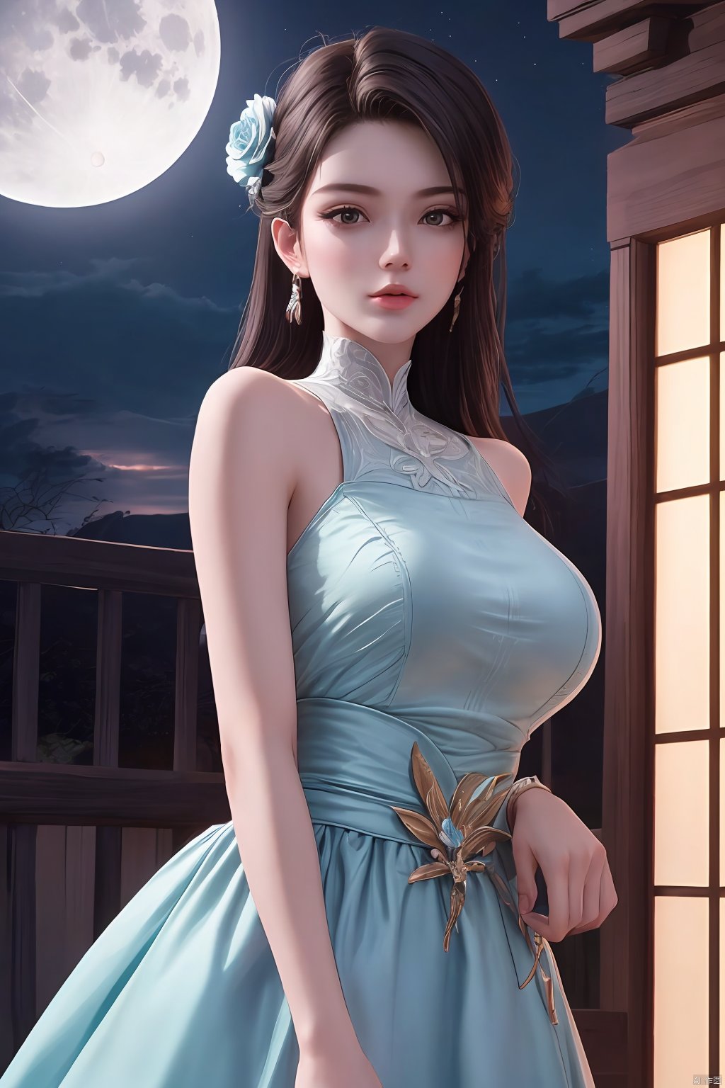 (1girl,best quality, ),looking at viewer,ultra detailed background,ultra realistic 8k cg ,masterpiece, cure blossom, full moon,night,night sky,  (big breasts),Xxiaoxuner,blue dress, ty-hd