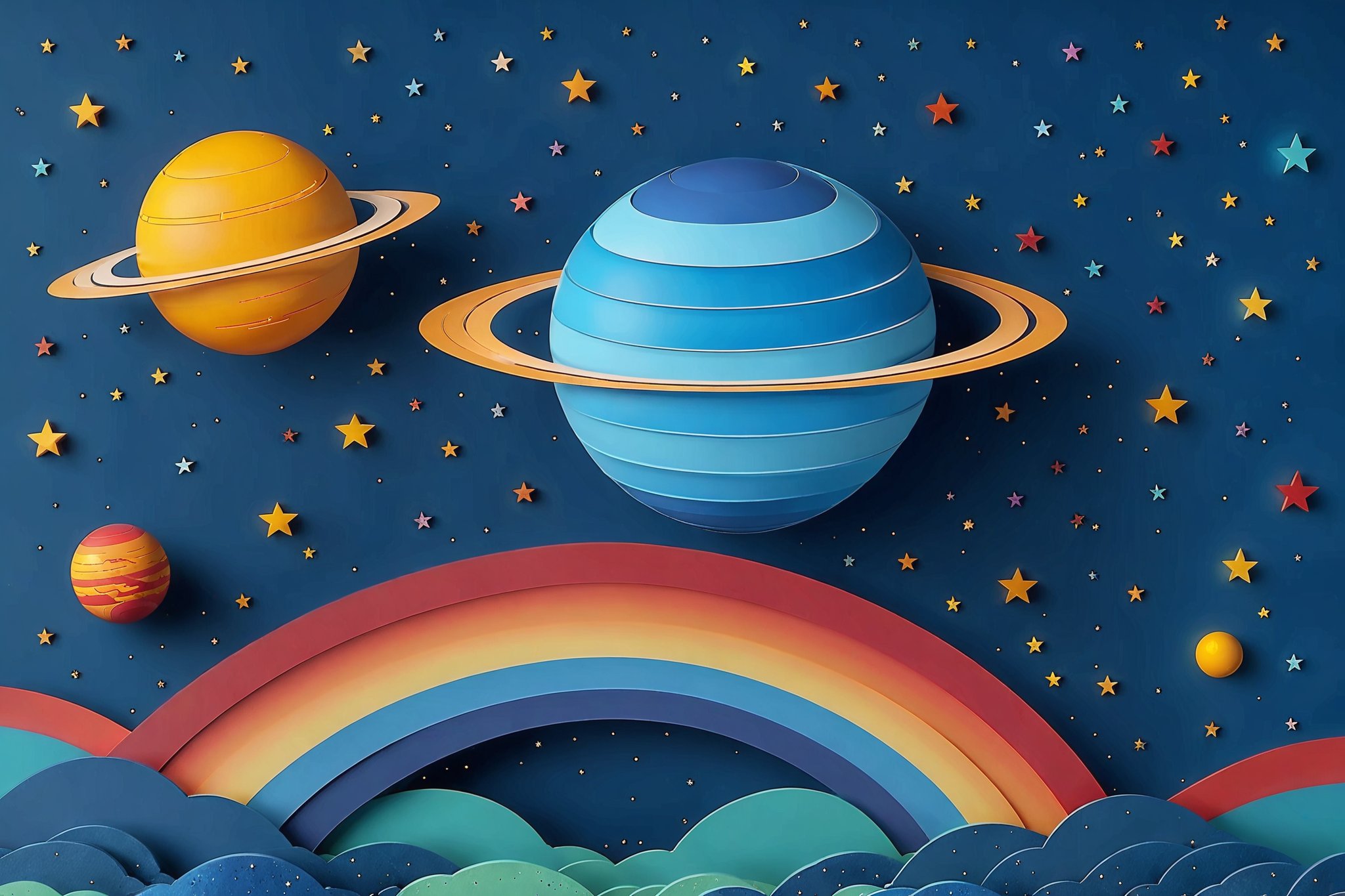 A vibrant cosmic scene. At the center,  there's a large,  layered planet with blue stripes by TracQuoc on Tensor.Art