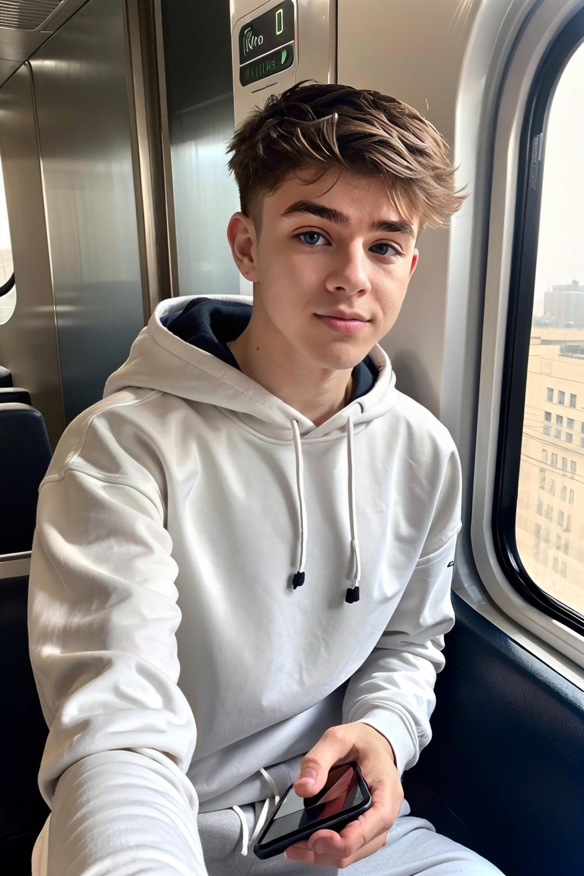 (Liam,  twink),  (1boy) in a subway train car by StecFX on Tensor.Art