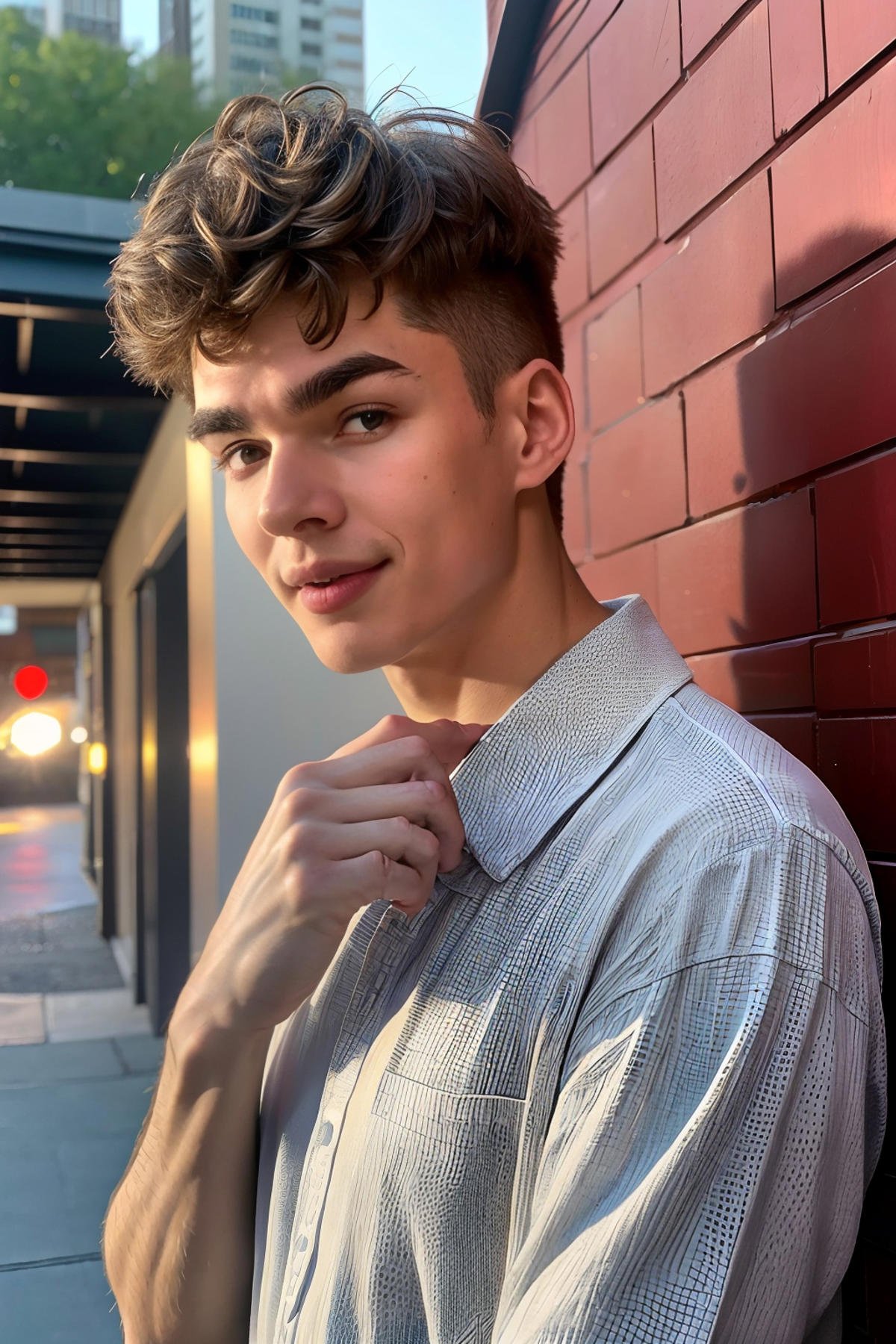 <lora:9B9F68A4BE:0.8> (Cartier Boy, Twink), (1boy, 22yo), (shy smile, full pouty lips), aesthetic, detailed face, trendy clothing, subsurface scattering, stunning alleyway environment, editorial design, key visual, RAW photo, dreamy soft focus, detailed photo, gorgeous, shallow depth of field, bokeh, volumetric lighting, iridescent skin, (surreal:0.4), hyper detailed photorealistic life-like accurate proportional 8k sharp focus, (accurate cinematic lighting), photorealistic detail