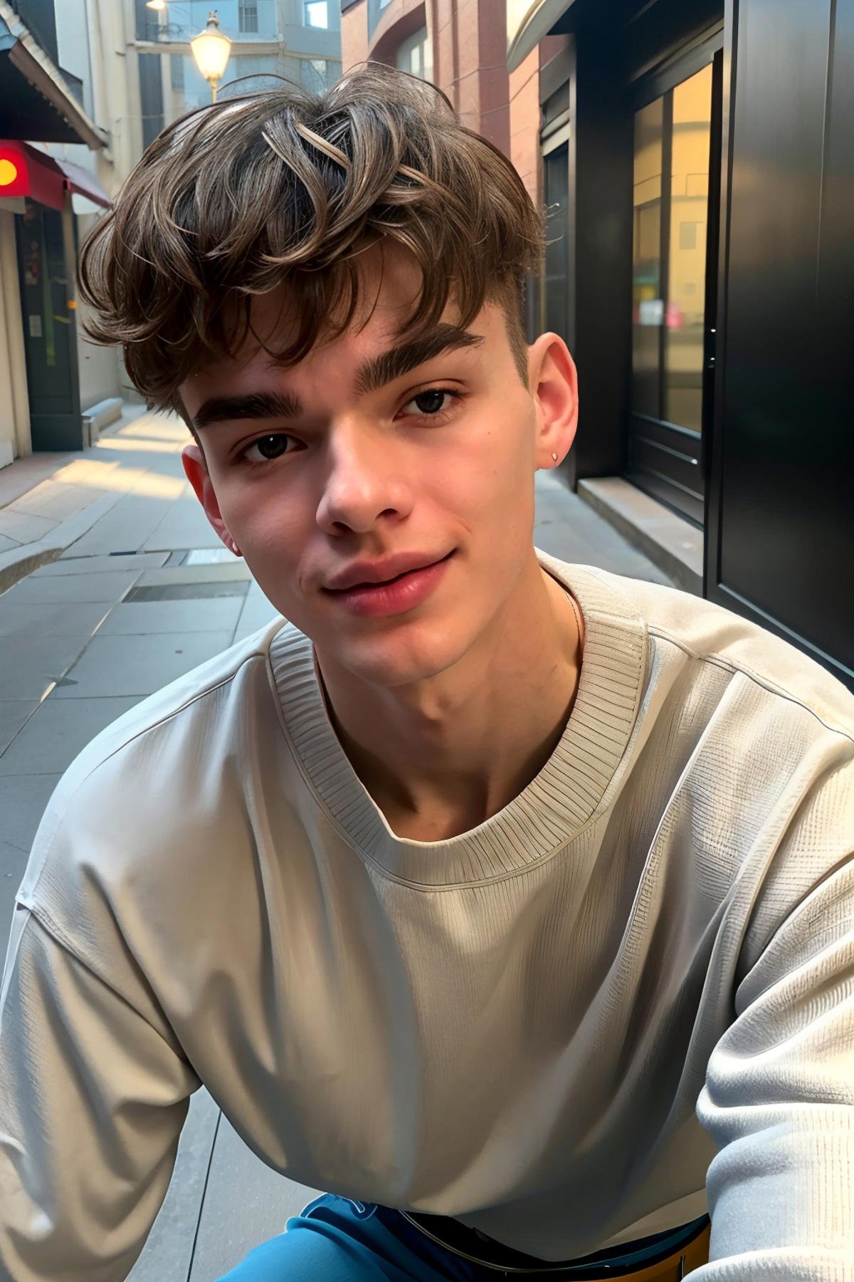 <lora:9B9F68A4BE:0.8> (Cartier Boy, Twink), (1boy, 22yo), (shy smile, full pouty lips), aesthetic, detailed face, trendy clothing, subsurface scattering, stunning alleyway environment, editorial design, key visual, RAW photo, dreamy soft focus, detailed photo, gorgeous, shallow depth of field, bokeh, volumetric lighting, iridescent skin, (surreal:0.4), hyper detailed photorealistic life-like accurate proportional 8k sharp focus, (accurate cinematic lighting), photorealistic detail