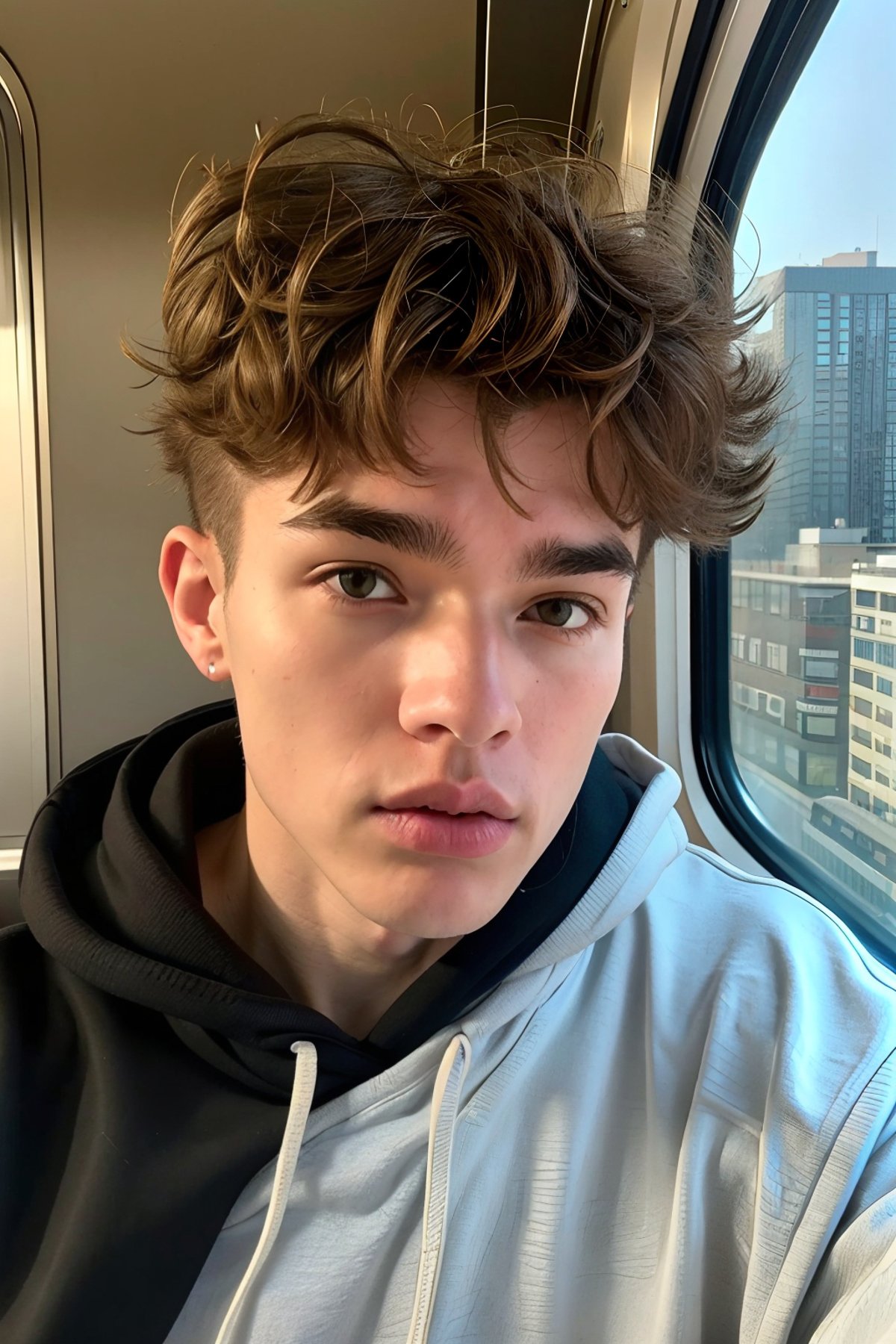 <lora:9B9F68A4BE:0.8> (Cartier Boy, Twink), 22yo, 1boy, in a subway train car, looking out the window, twenty two years old, windswept messy hair, detailed eyes, ultra highest detailed face, handsome, jogging pants and a hoodie sweater, looking out his train window, RAW photo, dreamy soft focus, detailed photo, gorgeous, shallow depth of field, bokeh, hyper detailed photorealistic life-like accurate proportional 8k sharp focus, (selective focus:0.6)