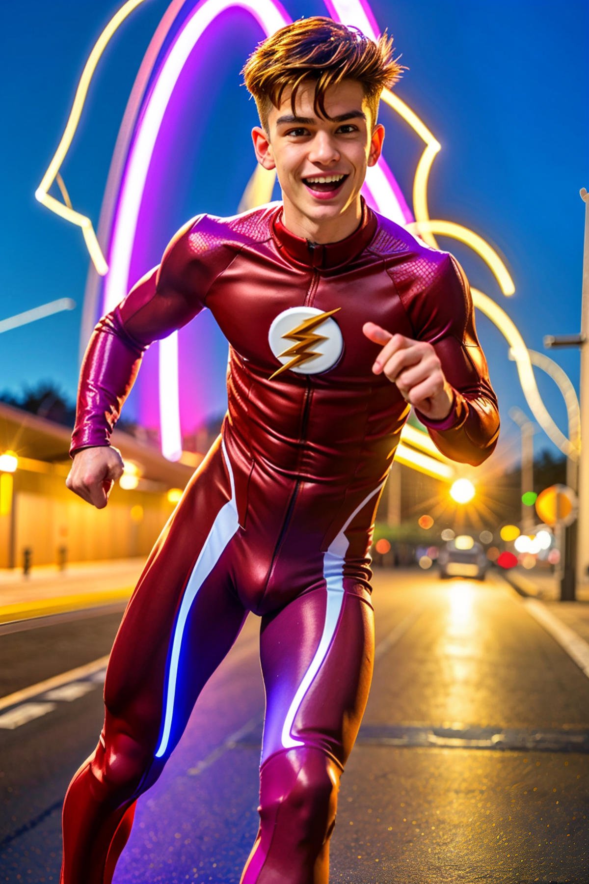 <lora:6F728B10D3:0.7> (Elias, twink) <lora:The-Flash-SD1.5:0.6> The Flash (1boy) The Flash running at god speed, (running as fast as the speed of light, electricity flies past him, an amazing sense of motion and speed, light trails), electro thunder strike effect as a background, using the highest render computational, very complex and detailed, wearing the flash suit, nice realistic bulge, frim tight round bum, a strong emphasis on character design, unique and interesting poses and facial expressions vivid and dynamic, beautiful smile, RAW photo, detailed photo, gorgeous, shallow depth of field, bokeh, vibrant saturated color, volumetric lighting, iridescent skin, (surreal:0.4), hyper detailed photorealistic life-like accurate proportional 8k sharp focus, (accurate cinematic lighting), photorealistic detail, (selective focus:0.6)