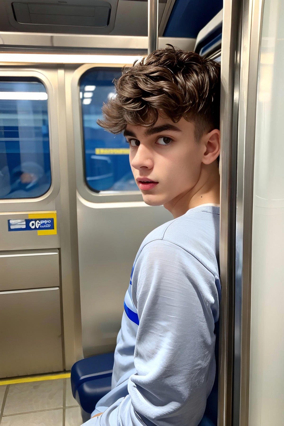 <lora:6F728B10D3:0.8> (Elias, twink, 1boy) My name is Elias, I am 19 years old and I have a playful yet passionate personality, slim yet toned body, shaggy hair with and a cute, pouty, kissable lipped face, full pouty lips, fully clothed, trendy fashion, (inside a busy subway car), shallow depth of field, bokeh, vibrant saturated color, (selective focus:0.6)