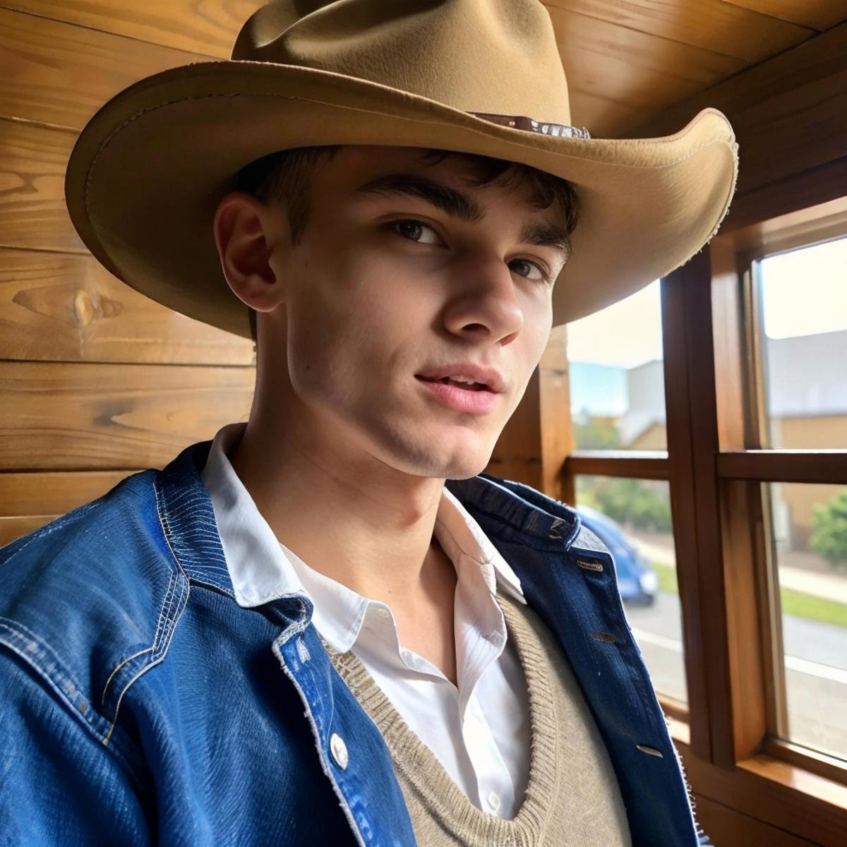 <lora:6F728B10D3:0.8> (Elias, twink), 1boy, 22 years old, head shot, medium blonde hair, (old west saloon background), skin imperfections, skin pores, (side view, eyes glaring at the viewer), ((Stetson cowboy hat)), closeup of face, (film grain, ultra-detailed skin), cinematic, volumetric fog, smokey saloon, photorealistic detail