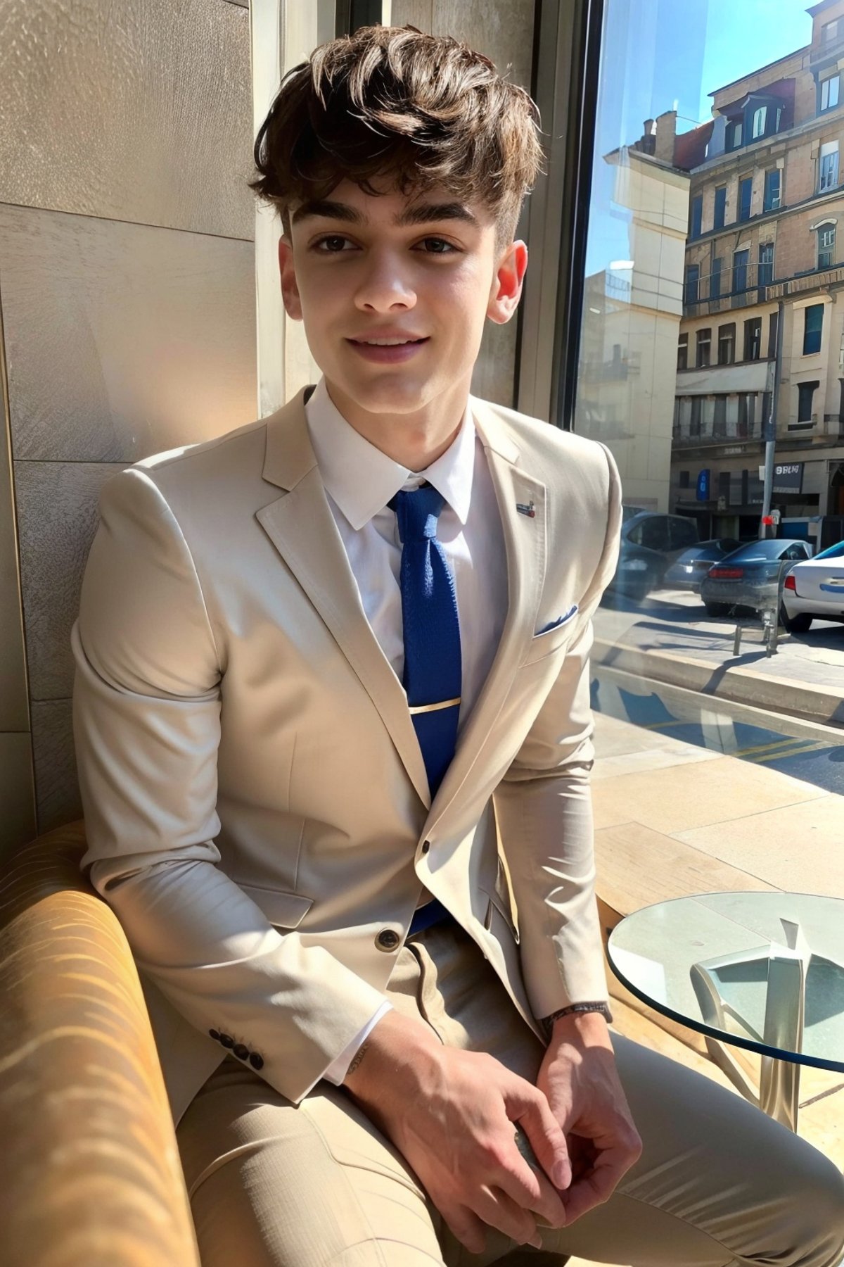 <lora:6F728B10D3:0.8> (Elias, twink), (upper body shot, detailed face, detailed eyes), 22yo, stunningly gorgeous, smile, full lips, stunning detailed eyes, long thick eye lashes, intricate details, cute expression, professional, (wearing a suit sitting in a sun filled cafe), RAW, hyper detailed photorealistic life-like accurate proportional sharp focus, empty hands, (accurate cinematic lighting), photorealistic detail, (selective focus:0.6)