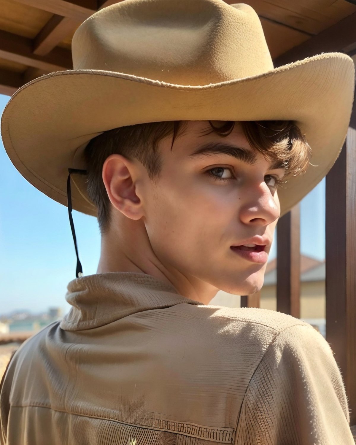 <lora:6F728B10D3:0.8> (Elias, twink), 1boy, 22 years old, head shot, medium blonde hair, (old west saloon background), skin imperfections, skin pores, (side view, eyes glaring at the viewer), ((Stetson cowboy hat)), closeup of face, (film grain, ultra-detailed skin), cinematic, volumetric fog, smokey saloon, photorealistic detail