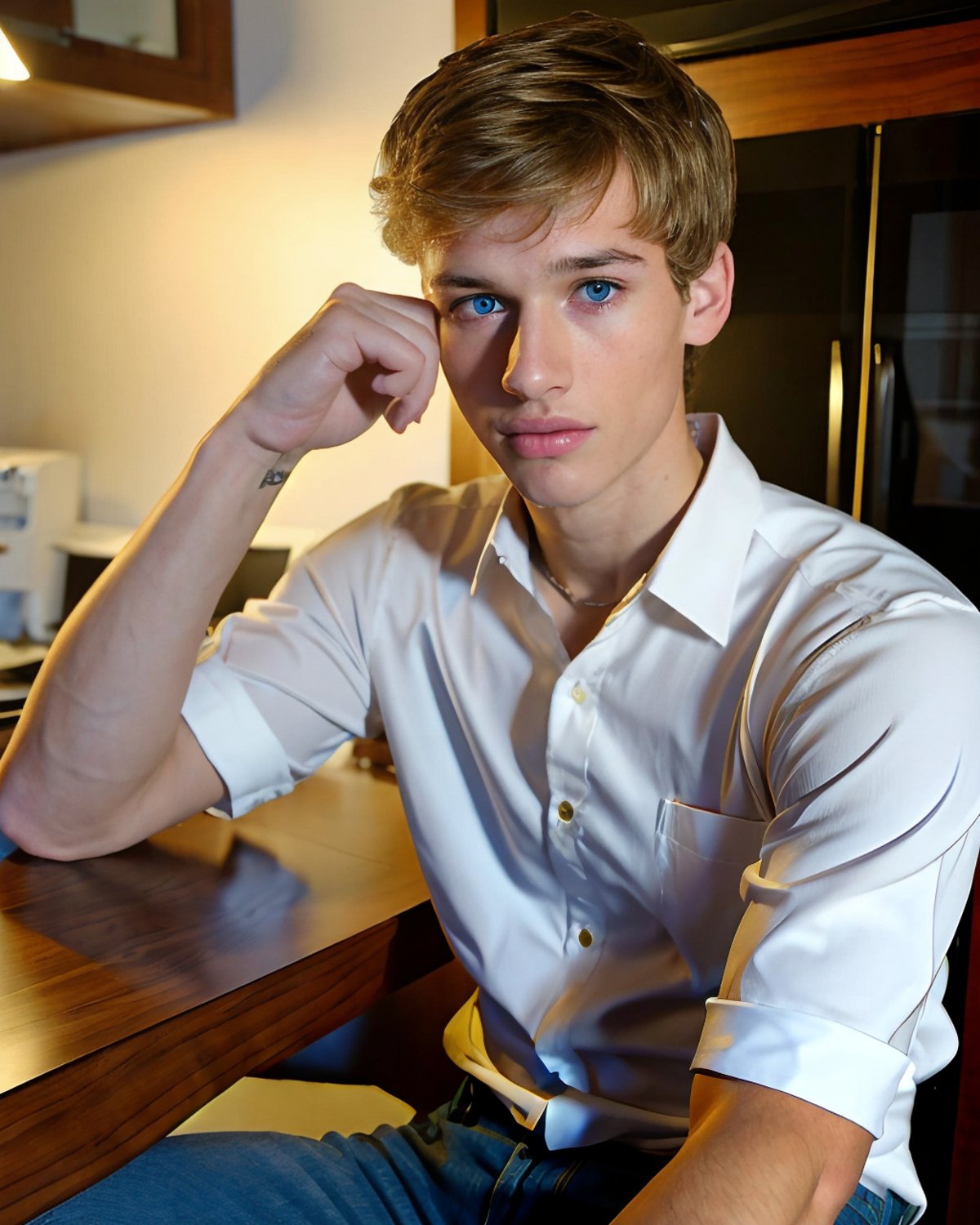 <lora:E5145306FB:0.8> (Sammy, twink) (1boy) a photorealistic candid still of Sammy Case sitting at a cafe, jeans and button down shirt, (fit 19 year old twink), skinny fit build, blue eyes, clean shaven, RAW photo, detailed photo, gorgeous, shallow depth of field, bokeh, vibrant saturated color, volumetric lighting, iridescent skin, (surreal:0.4), hyper detailed photorealistic life-like accurate proportional 8k sharp focus, (accurate cinematic lighting), photorealistic detail, (selective focus:0.6)