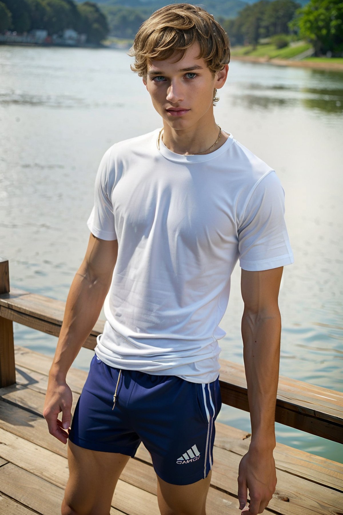 <lora:E5145306FB:0.8> (Sammy, twink), (1boy) a photorealistic candid still, (cute fit 19 year old Sammy Case), skinny fit build, zero percent body fat, relaxed, (trunk swim shorts and a full loose fitting t-shirt), standing in the lake, short shaggy hair, RAW photo, detailed photo, gorgeous, shallow depth of field, bokeh, (surreal:0.4), hyper detailed photorealistic life-like accurate proportional 8k sharp focus, (accurate cinematic lighting), photorealistic detail, (selective focus:0.6)