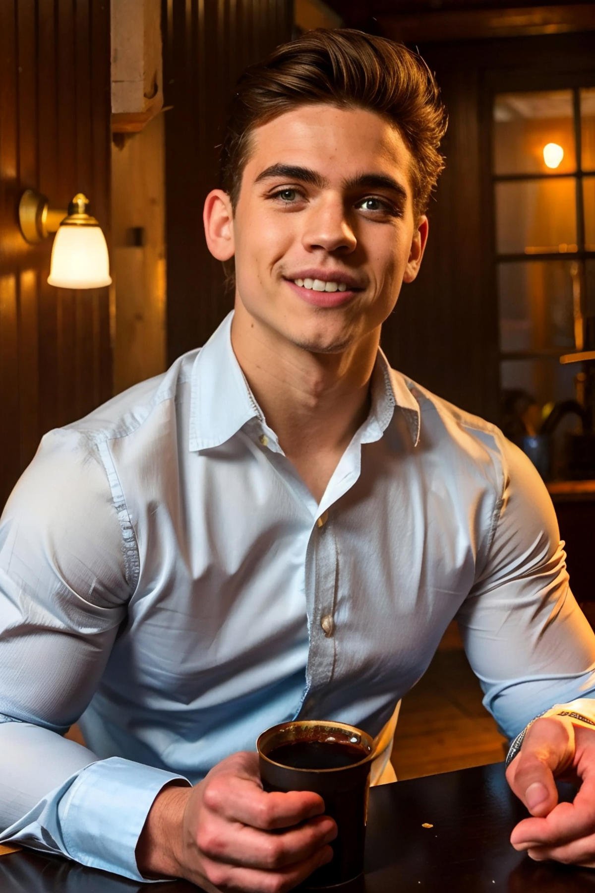 <lora:540DFEA87E:0.8> (Tanner), (1boy) Tanner, portrait, professional photo, modelling, sipping on a coffee, (long length parted hair), smile, teeth, side grin, dimples, detailed eyes, dress shirt, high fashion, sitting in a rustic cafe, RAW photo, detailed photo, gorgeous, shallow depth of field, bokeh, (surreal:0.4), hyper detailed photorealistic life-like accurate proportional 8k sharp focus, (accurate cinematic lighting), photorealistic detail, (selective focus:0.6)