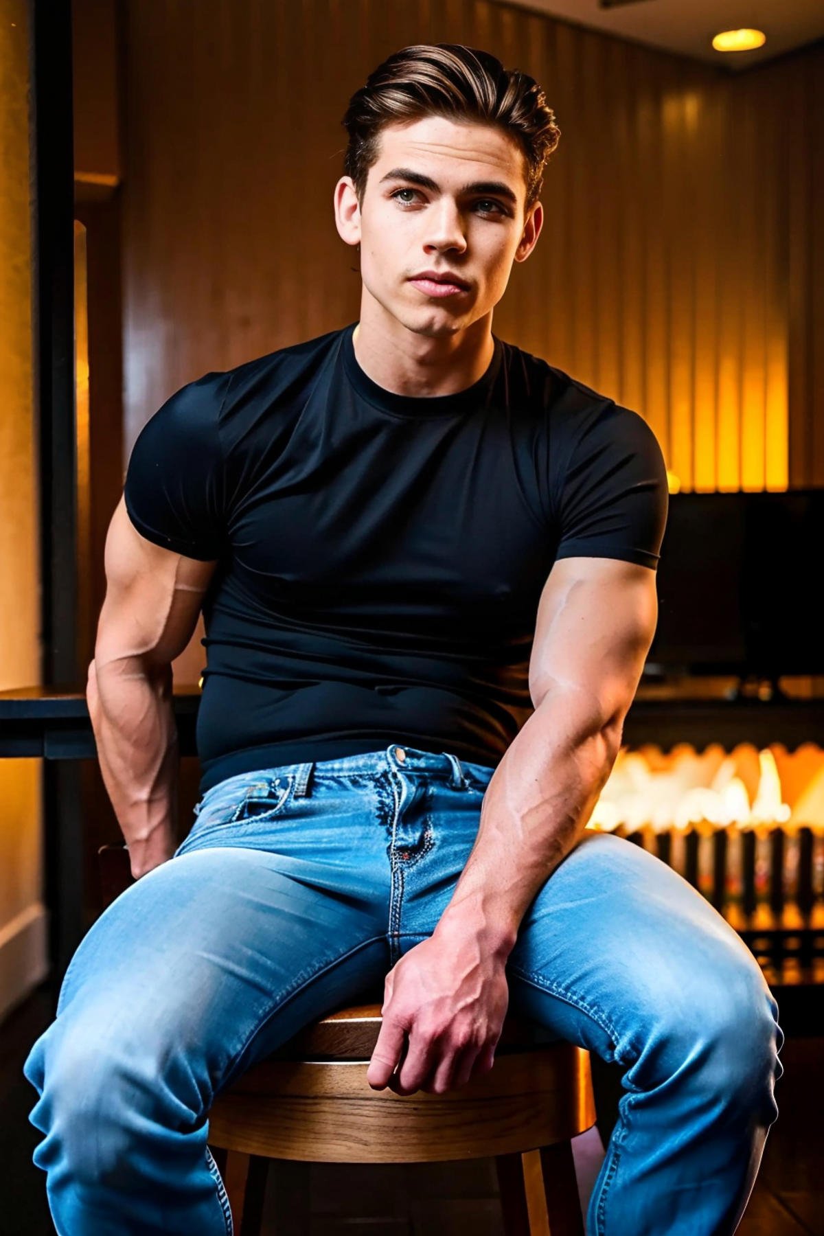 <lora:75B0BD4C76:0.8> (Tanner), (1boy) a photorealistic, photoshoot, moody, sitting on a stool, leaning back, artistic, fully clothed, jeans and black shirt, long length shaggy hair, clean shaven, smooth everywhere, RAW photo, detailed photo, gorgeous, shallow depth of field, bokeh, volumetric lighting, (surreal:0.4), hyper detailed photorealistic life-like accurate proportional 8k sharp focus, (accurate cinematic lighting), photorealistic detail, (selective focus:0.6)