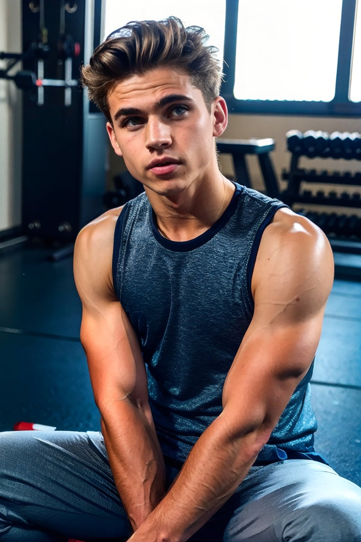 <lora:540DFEA87E:0.8> (Tanner), (1boy) Tanner, skinny fit, biceps, sitting in a fitness gym, (medium length messy hair), 18 years old, full pouty lips, parted lips, jogging pants and a muscle shirt, RAW photo, detailed photo, gorgeous, shallow depth of field, bokeh, (surreal:0.4), hyper detailed photorealistic life-like accurate proportional 8k sharp focus, (accurate cinematic lighting), photorealistic detail, (selective focus:0.6)