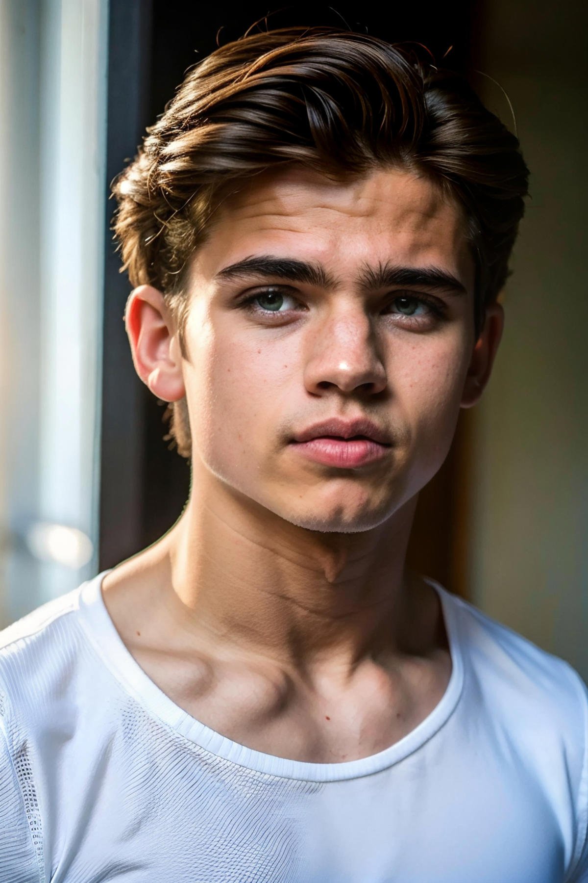 <lora:540DFEA87E:0.7> (Tanner), (1boy) Tanner, fit, twink, long parted hair, detailed eyes, profile view, 18 years old, full pouty lips, parted lips moody scene, upper body shot, high fashion, gay fashion, RAW photo, detailed photo, gorgeous, shallow depth of field, bokeh, (surreal:0.4), hyper detailed photorealistic life-like accurate proportional 8k sharp focus, (accurate cinematic lighting), photorealistic detail, (selective focus:0.6)