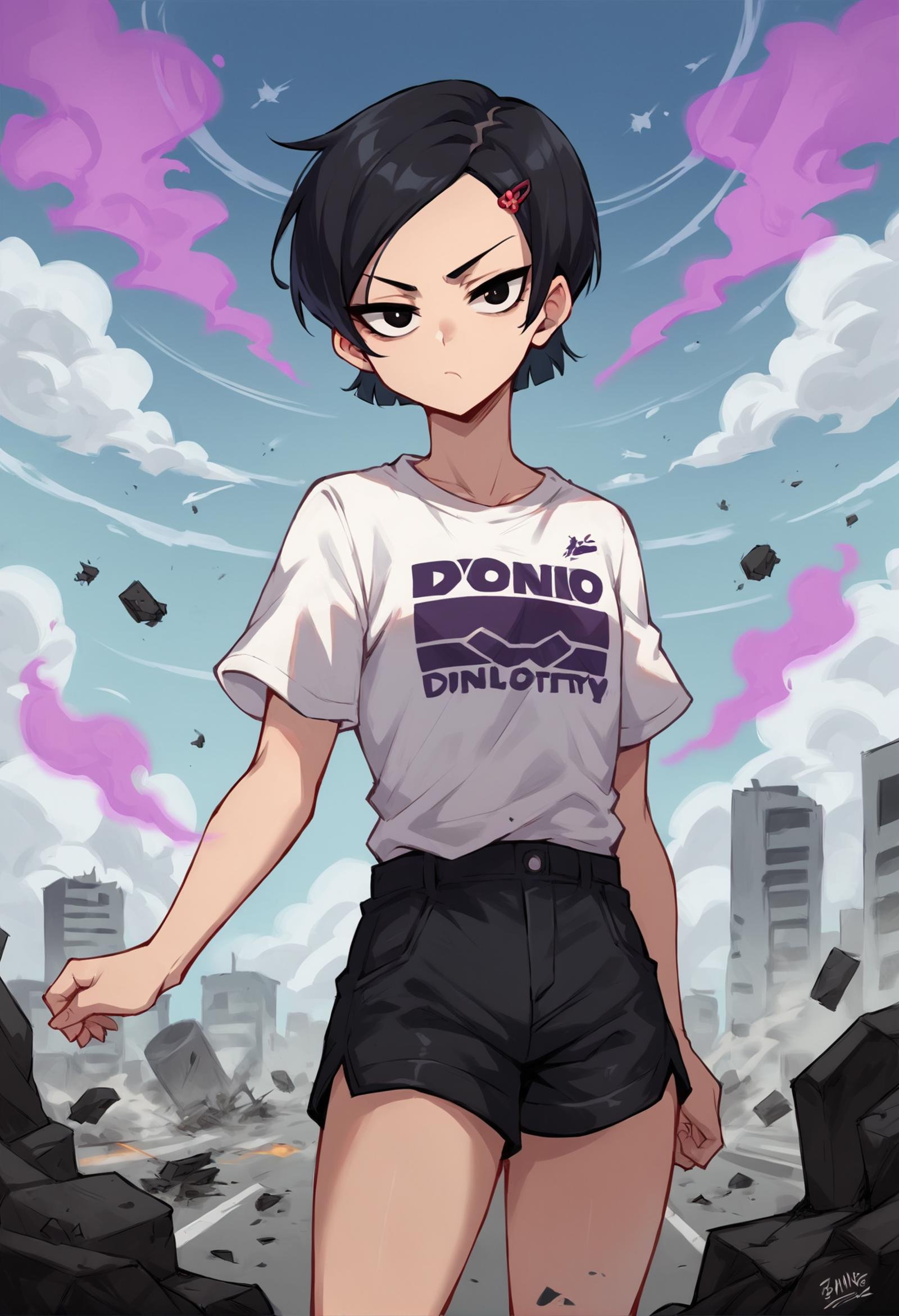 (score_9, score_8_up), score_7_up, score_6_up, score_5_up, score_4_up, Zenko, 1girl, black hair, hair ornament, hairclip, black eyes, short hair, <lora:Zenko_OPM_XL_Pony_Edition:1>, white shirt, logo on shirt, looking at viewer, bored, black shorts, destroyed city, debris, destruction, urban, smoke, grey sky, clouds, dark clouds, wind, cowboy shot, (sigh), telekinesis, ((((purple aura)))), power aura, hand up, flying debris <lora:Smooth Anime Style LoRA XL:0.7> 