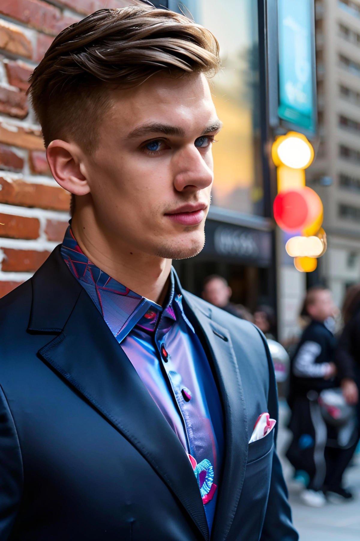 <lora:468C31858D:0.9> Jeorg (1boy) a photorealistic candid close up portrait shot, fancy black suit, (handsome fit 20 year old twunk), muscular fit build, skinny waist, blue eyes, clean shaven, smooth everywhere, out for a walk in the city, RAW photo, detailed photo, gorgeous, shallow depth of field, bokeh, vibrant saturated color, volumetric lighting, iridescent skin, (surreal:0.4), hyper detailed photorealistic life-like accurate proportional 8k sharp focus, (accurate cinematic lighting), photorealistic detail, (selective focus:0.6)